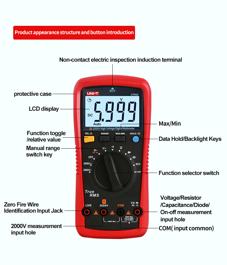 UNI-T T-RMS Digital Multimeter 2000V AC DC Voltmeter Cap Freq Ohm NCV LIVE Teste
