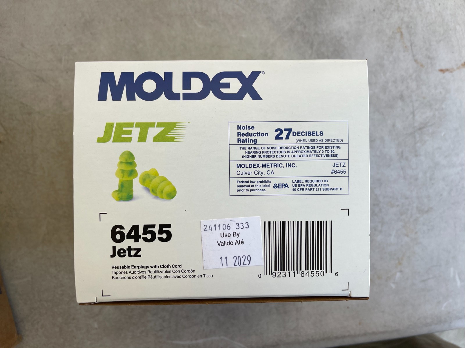MOLDEX Jetz Earplugs NRR 27 dB Corded Reusable Hearing Protection 50 Pairs