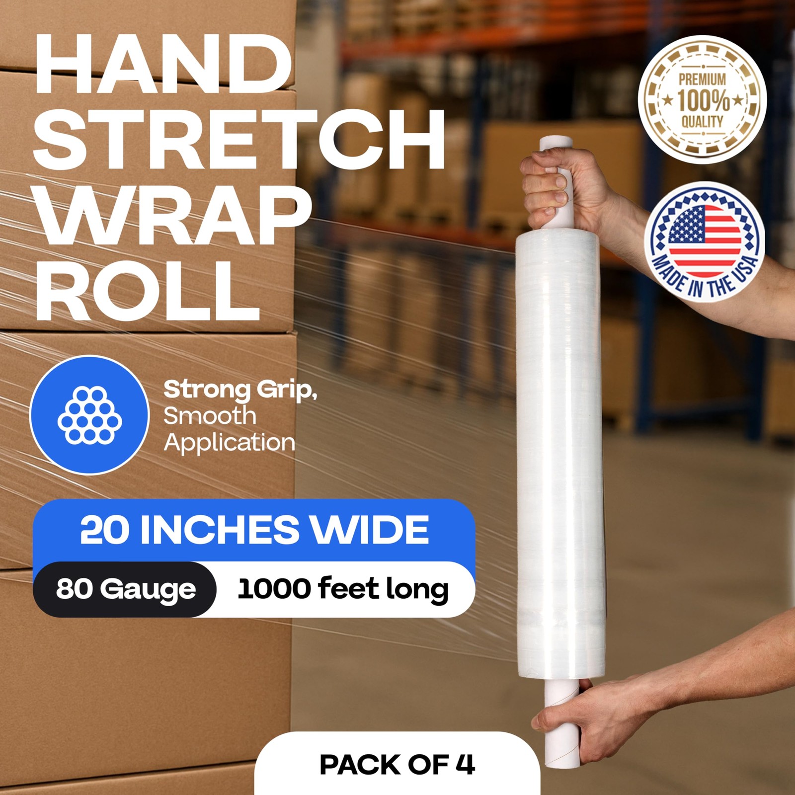 20″ x 1000′ Hand Stretch Wrap Roll of 80 Gauge with Extended Cardboard Handle…