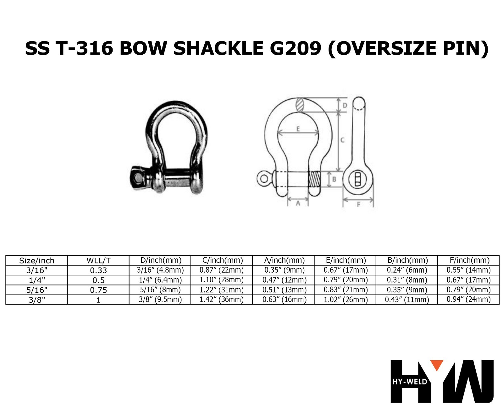 T-316 Stainless Steel Bow Shackle Marine Grade 3/16″ to 3/8″ Oversized Pin