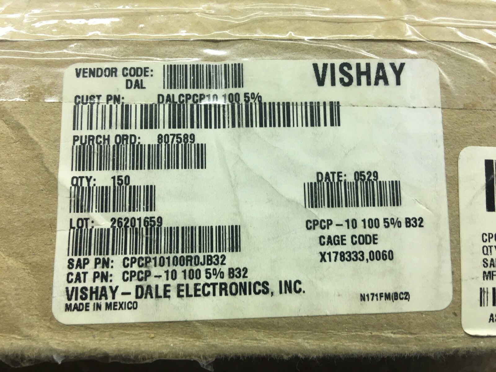 (5 PIECE LOT) CPCP10100R0JB32, VISHAY, RES 100 OHM 10W 5% RADIAL