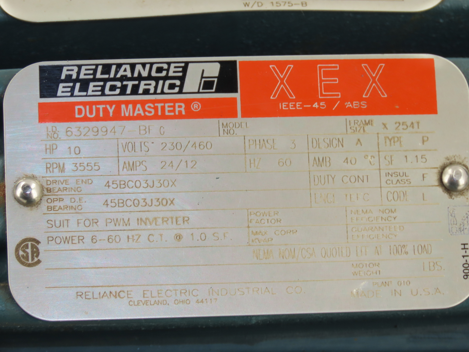 RELIANCE ELECTRIC DUTY MASTER XEX 254T 10HP 3555RPM Hazardous Loc Invertor MOTOR
