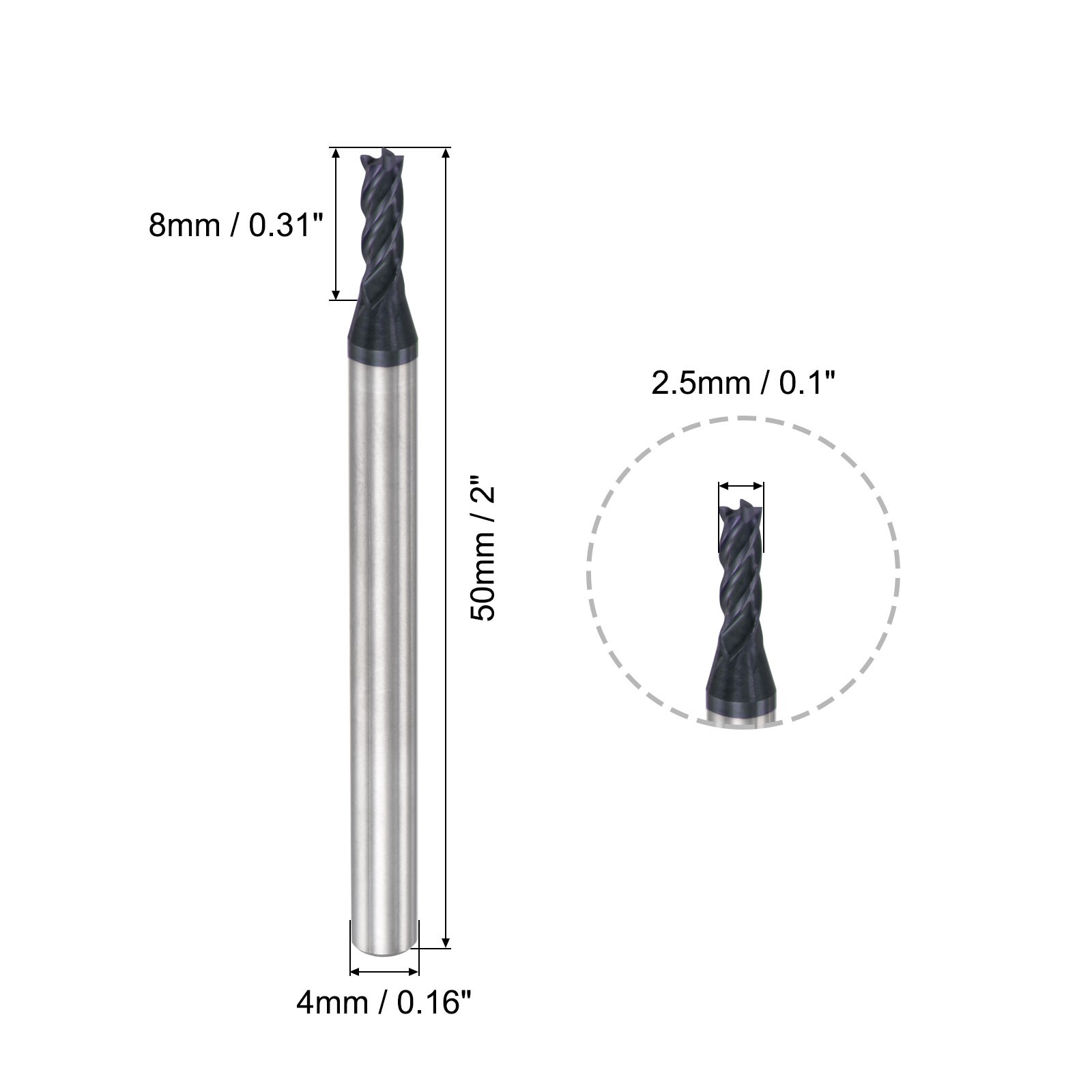 2.5mm Dia 4mm Shank HRC45 Carbide AlTiN Coated 4 Flute Square Nose End Mill 2set