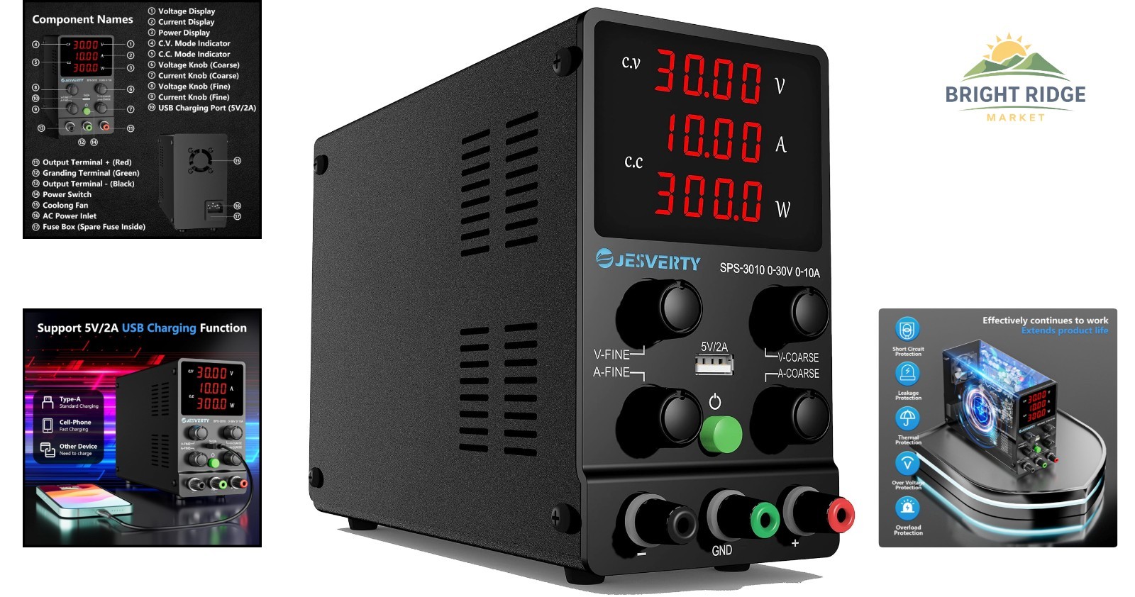Bench Power Supply 0-30V 10A Adjustable Switching with Fine Adjustment Knob