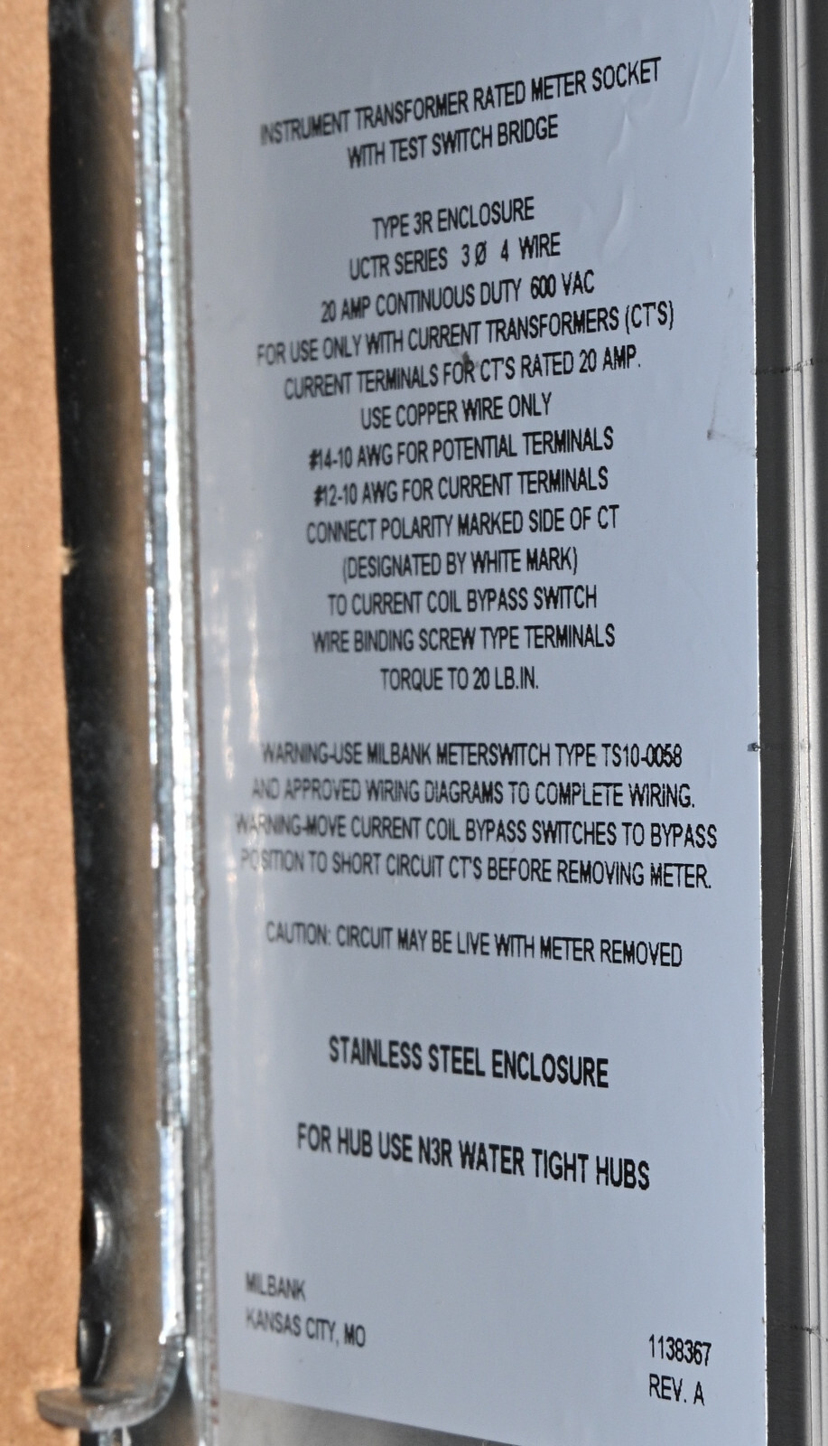Milbank NEW STAINLESS STEEL 20A 13T RL TS PROV UG UCSS3423-O Meter Socket Panel
