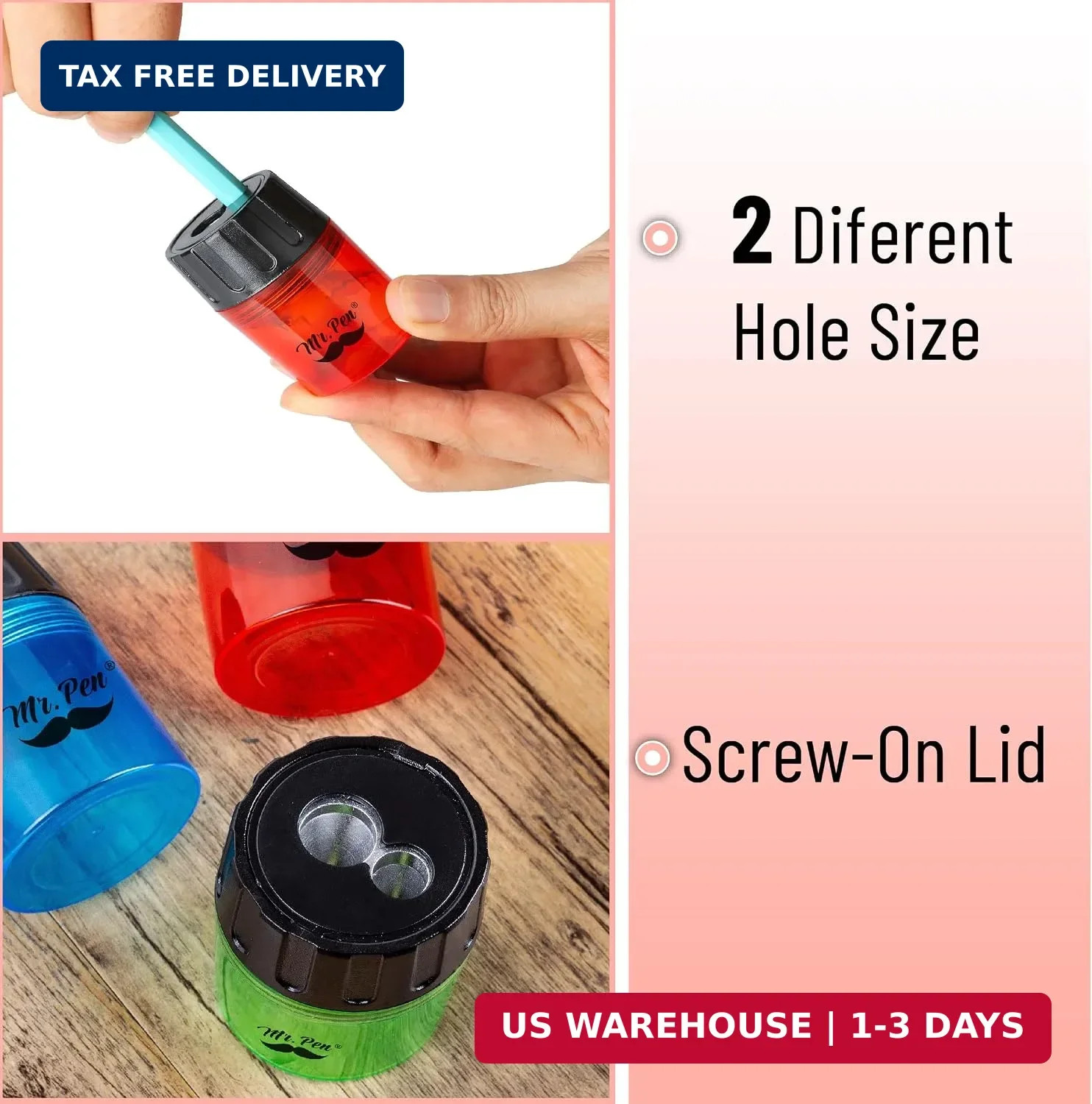 Mr. Pen- Handheld Manual Pencil Sharpener with 2 Sharpening Holes and Screw-On L