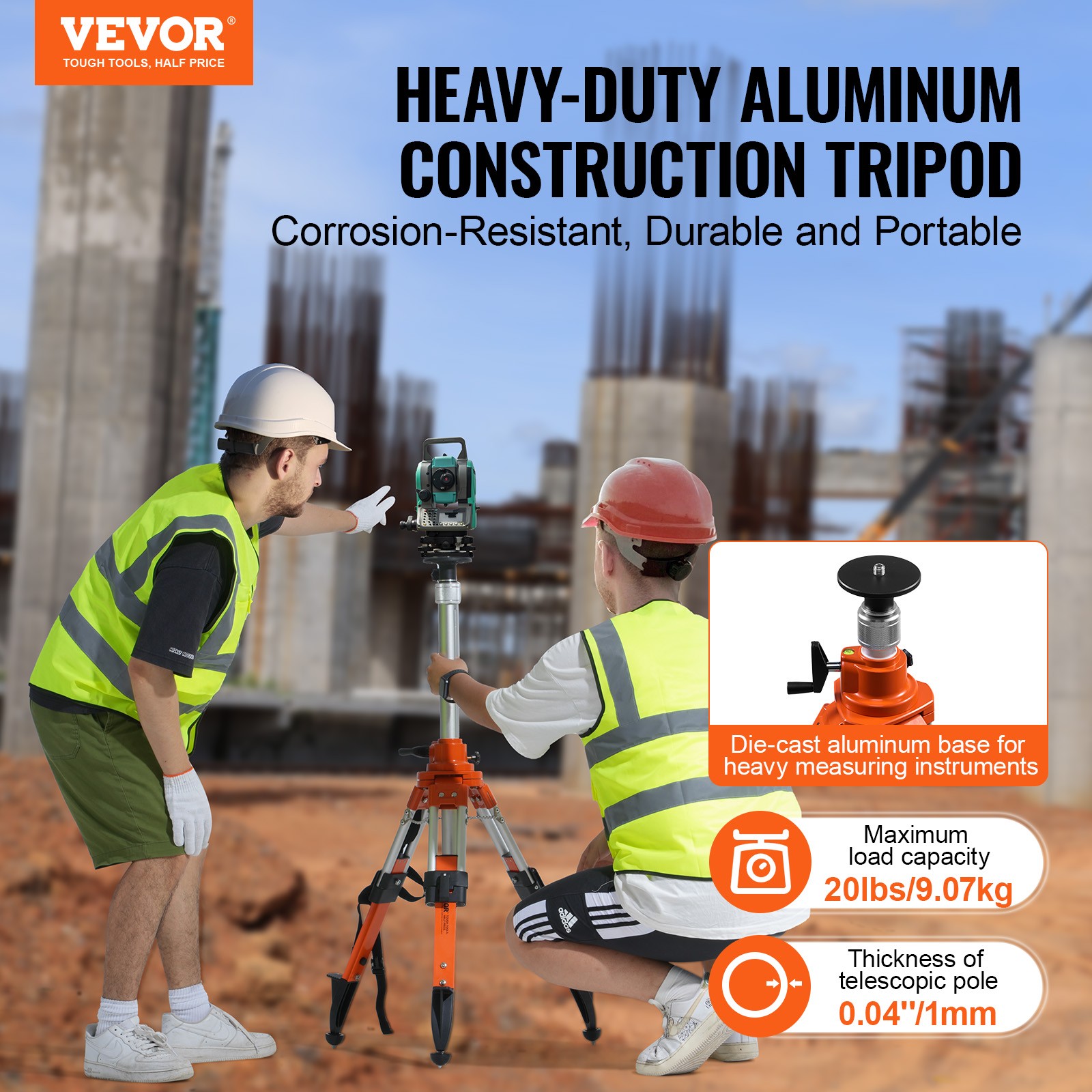 VEVOR Laser Level Tripod Stand 5/8″-11 Thread 27.16-67.71 in Height Adjustment