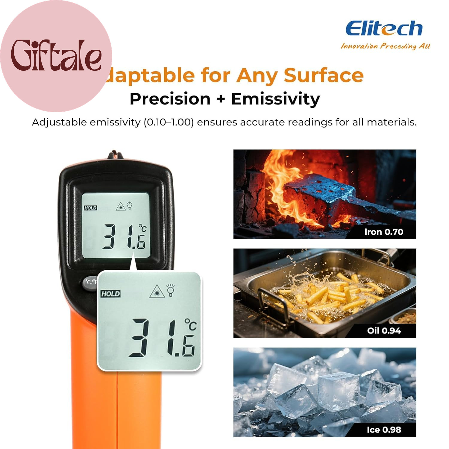 Laser Temperature Gun, Non-Contact Digital Infrared Thermometer, Adjustable Emis