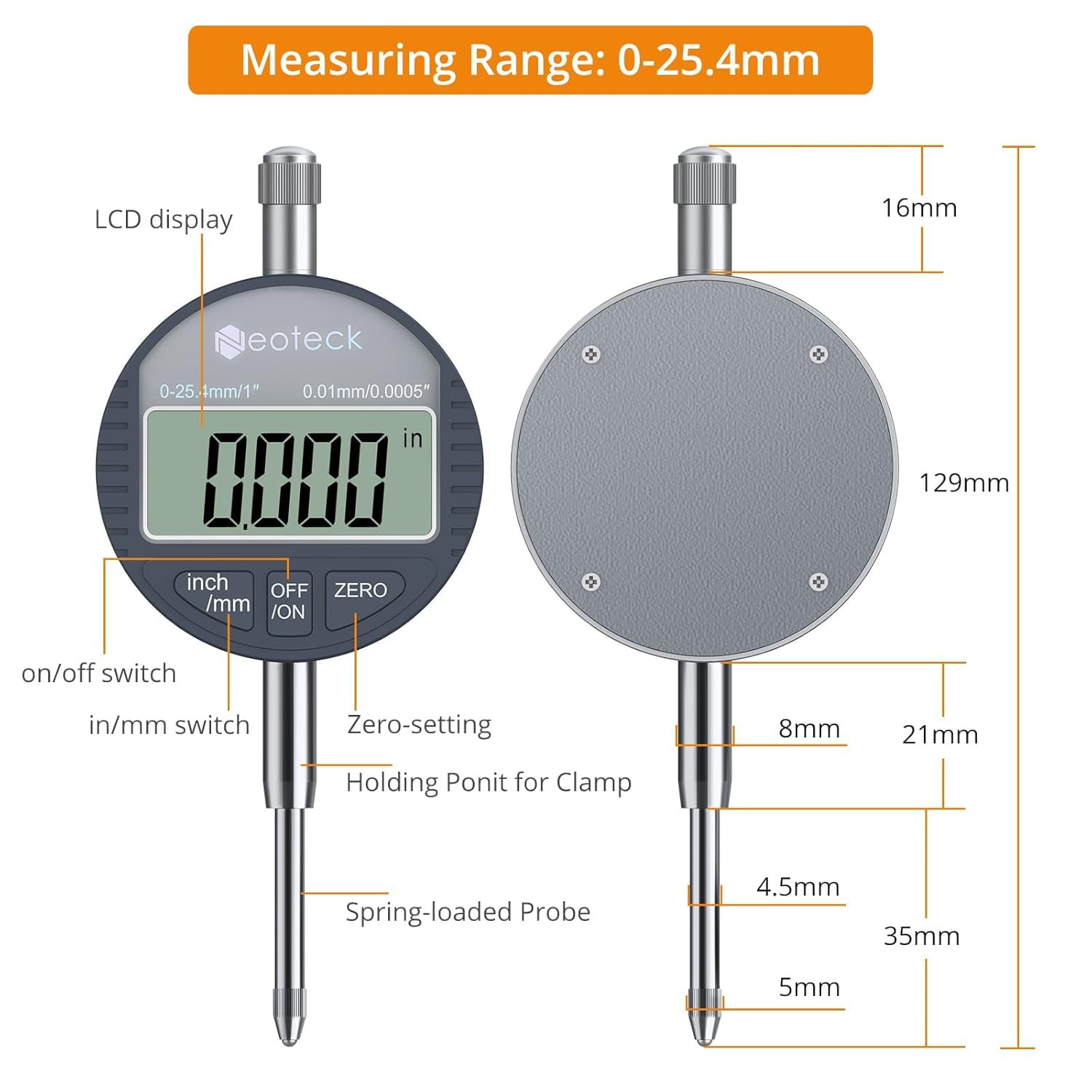 Digital Dial Indicator Gauge and Magnetic Base Set with Storage Case 0-1 Inch/ 2