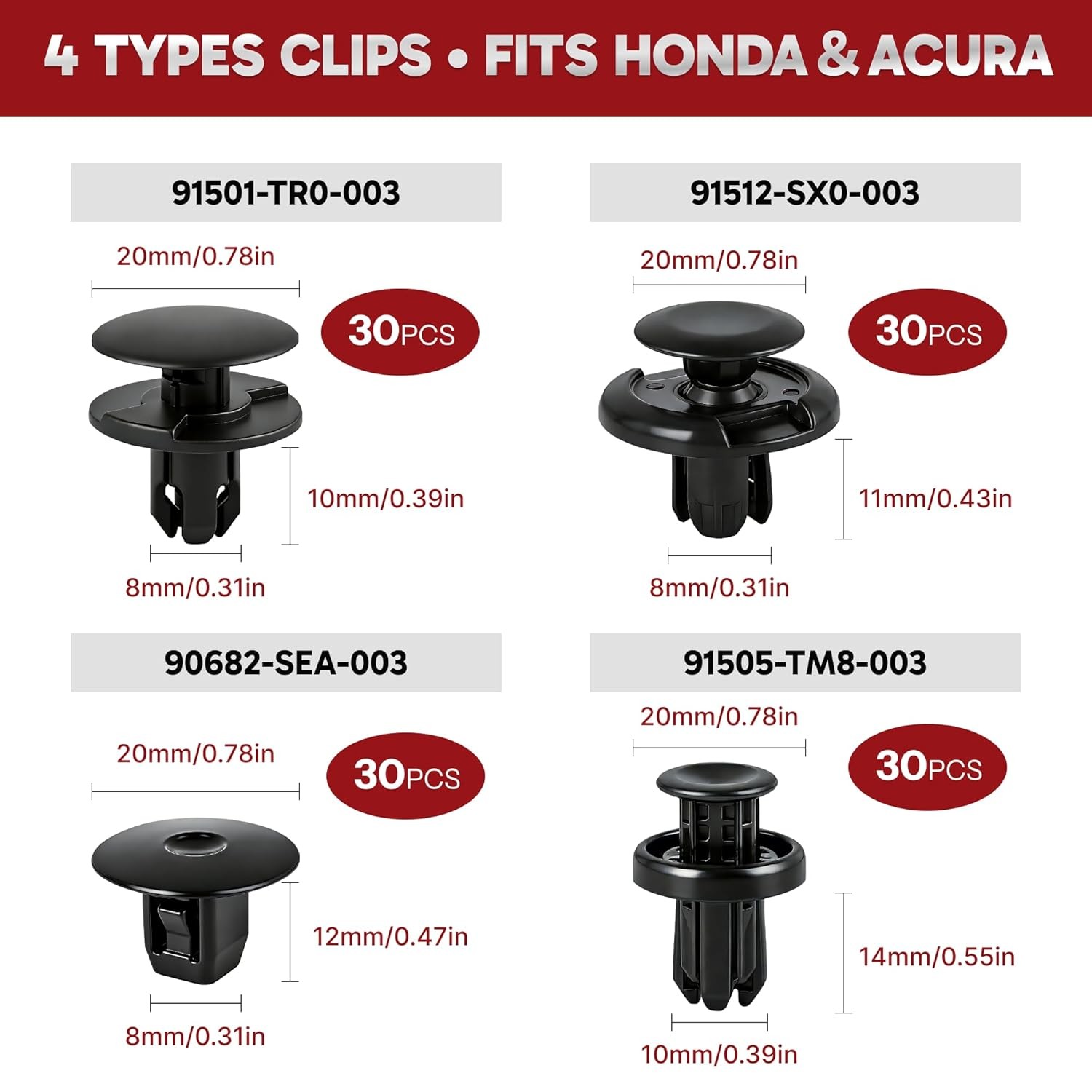 121PCS Push Type Retainer Clips, for Honda Accord Civic, CR-V, Crosstour, Fit, H