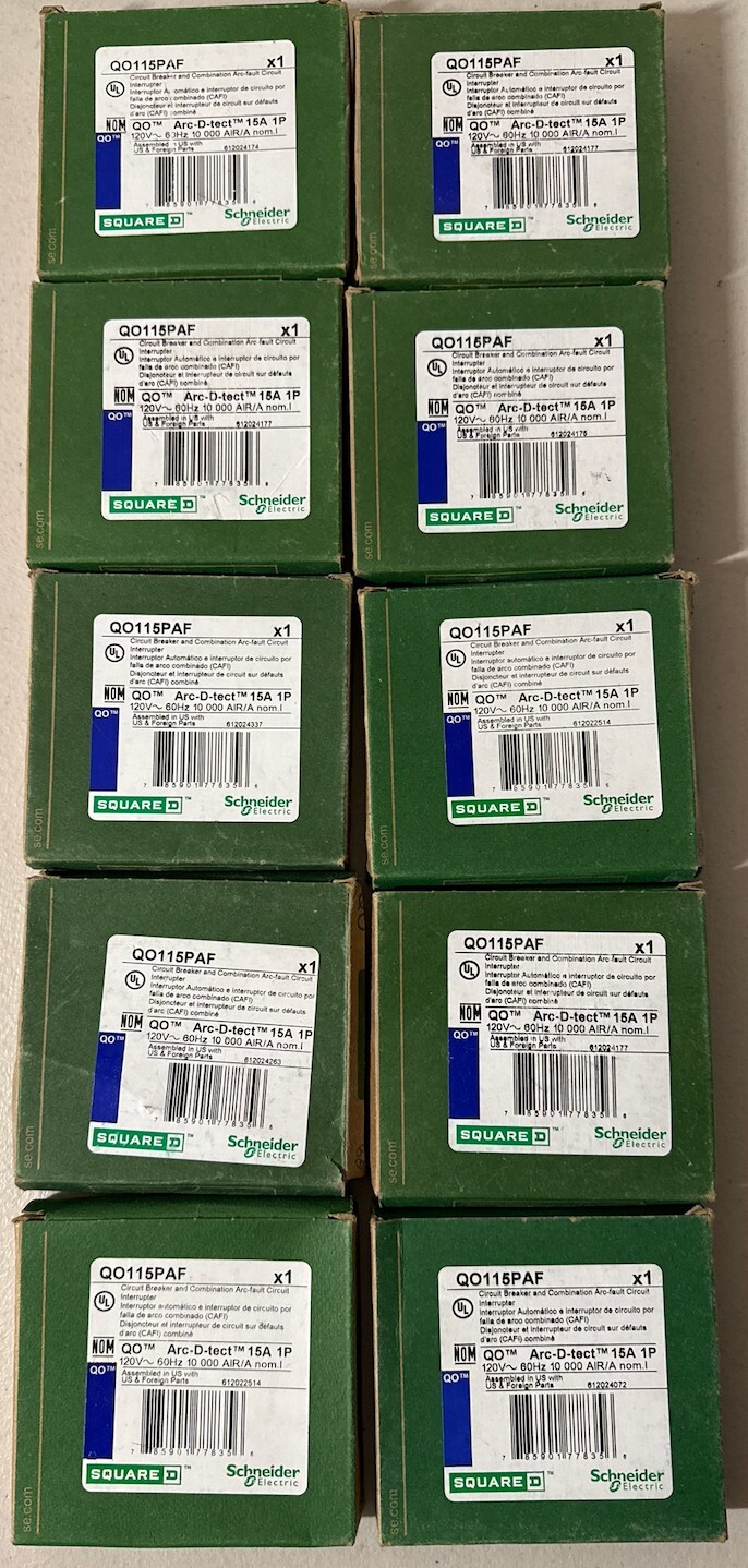 10 PCS SQUARE D QO115PAF QO 1P 15AMP AFCI ARC-FAULT CIRCUIT BREAKERS