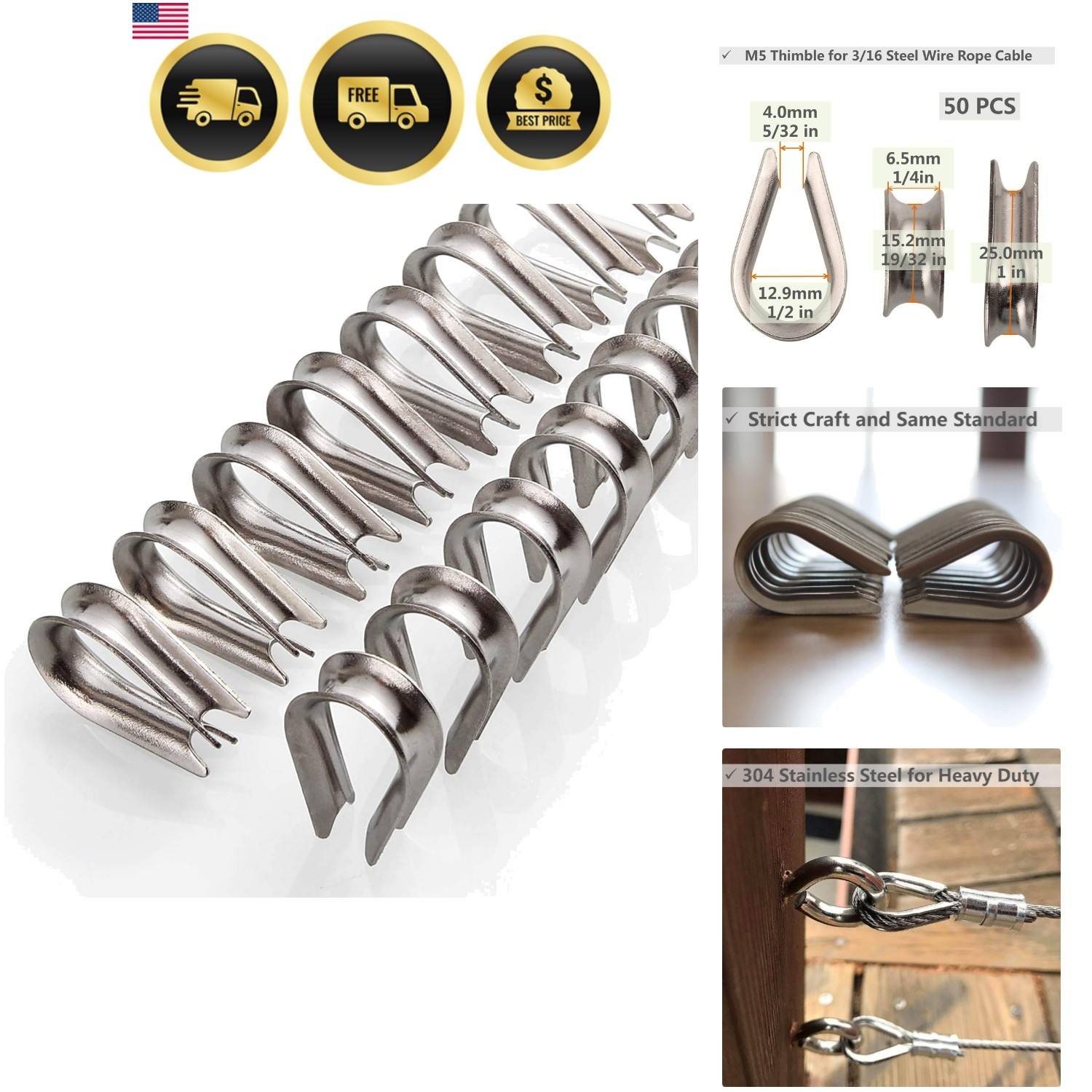 50Pcs Stainless Steel Thimble for 3/16 Steel Wire Rope Cable, M5 Rope Thimble…