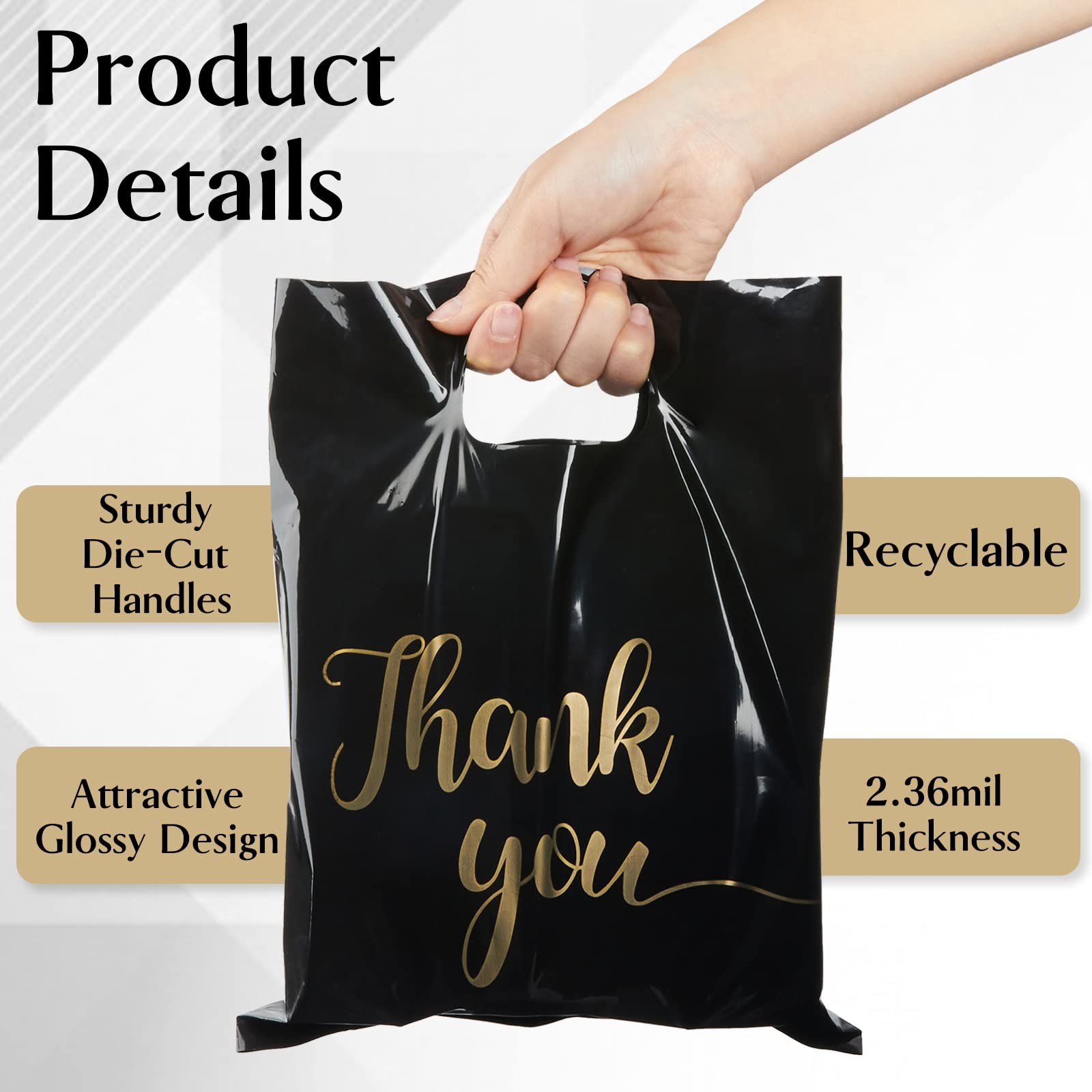 100 Pack Black Thank You Shopping Bags for Small Business – 15″x18″ Extra Thick