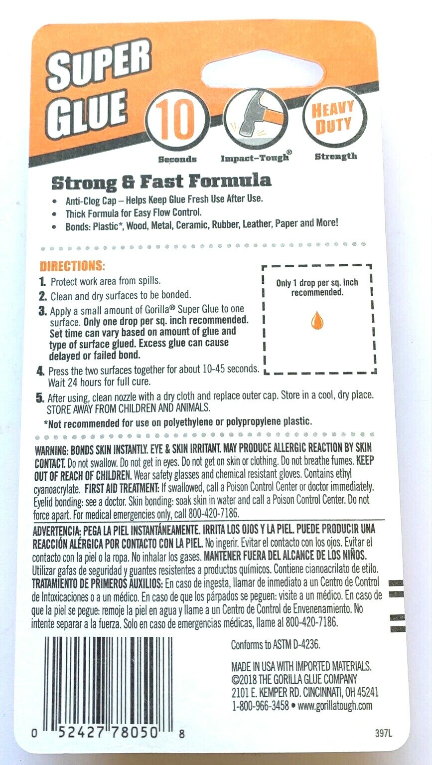 Gorilla Glue Super Glue 15g Bottle 10 seconds bonding, on most materials