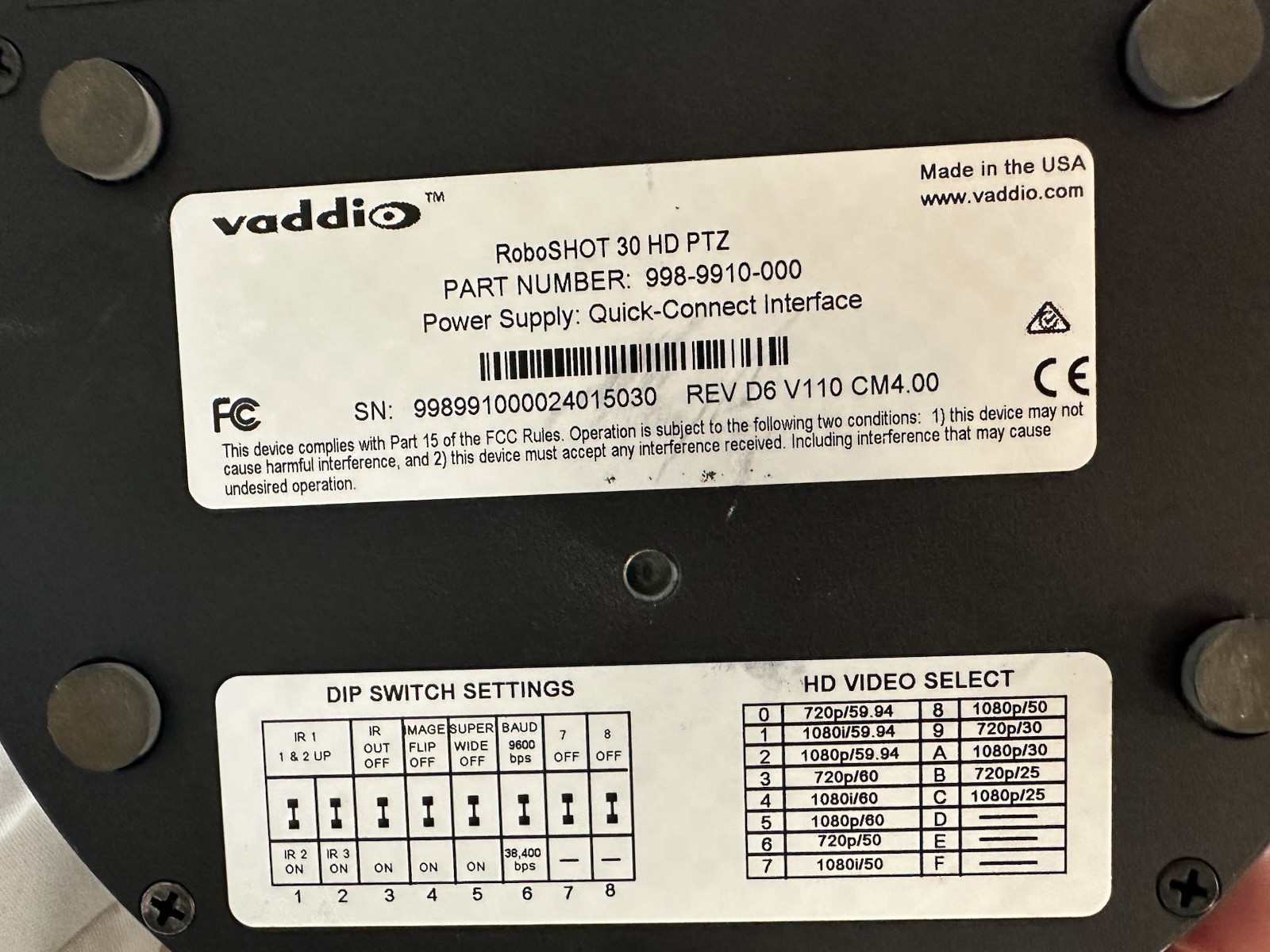 Vaddio RoboSHOT 30 HD PTZ 998-9910-000 Conferencing Video Camera