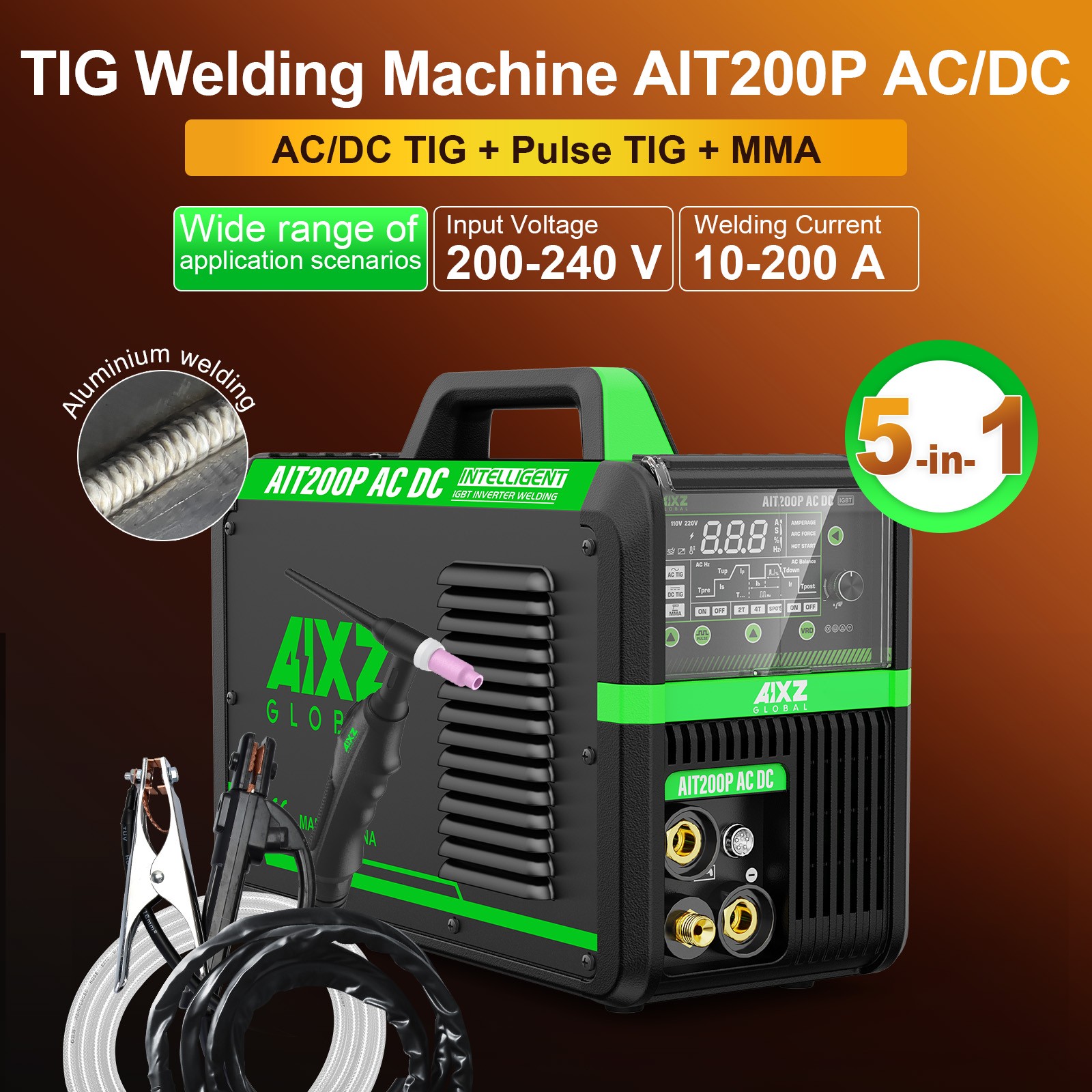 200A AC DC TIG Welder Pulse Aluminium 110V/230V TIG/ARC Welding Machine w/Helmet