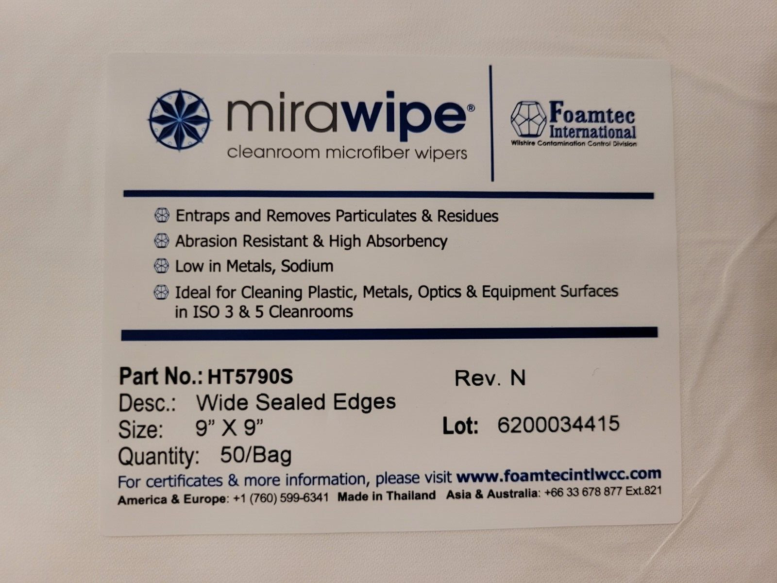 FOAMTEC HT5790S MIRAWIPE CLEANROOM MICROFIBER CLOTHS 9″ X 9″ Cleaning Wipes – 50