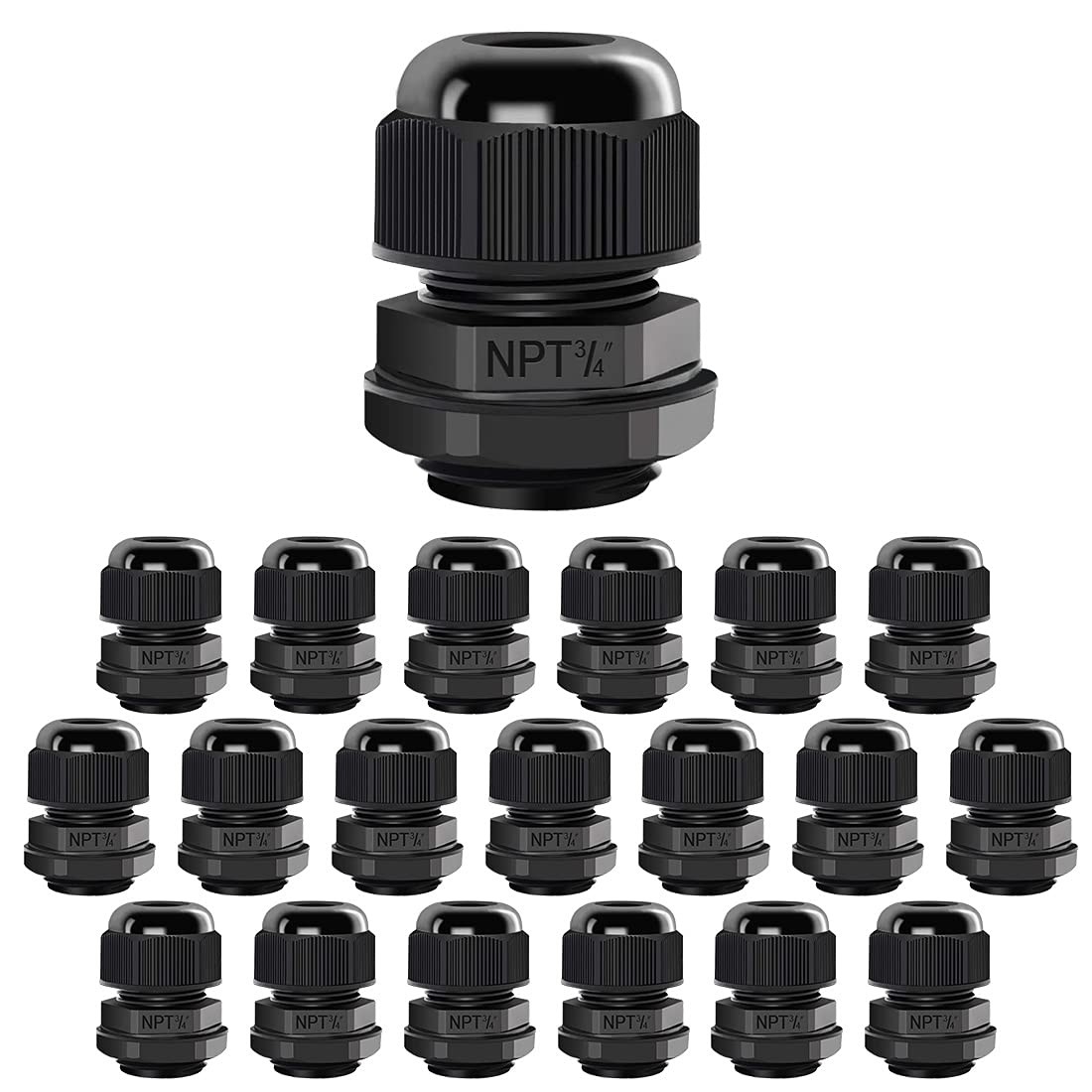 Black NPT 3/4 Inch Waterproof Adjustable Nylon Cable Gland Joints 20 Pack