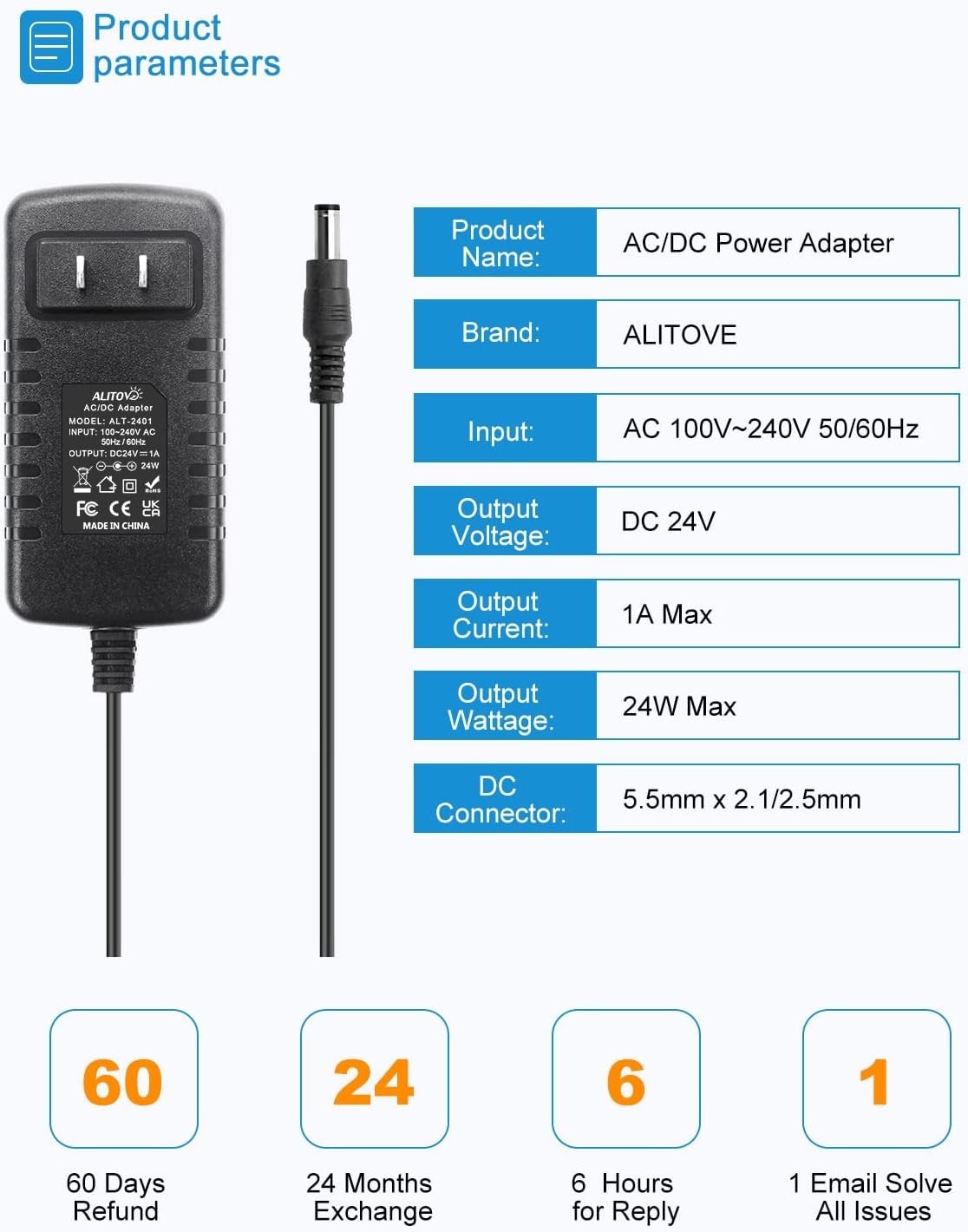 24V 1A 24W DC Power Supply Adapter 100~240V AC to DC 24 Volt 1 Amp Converter …
