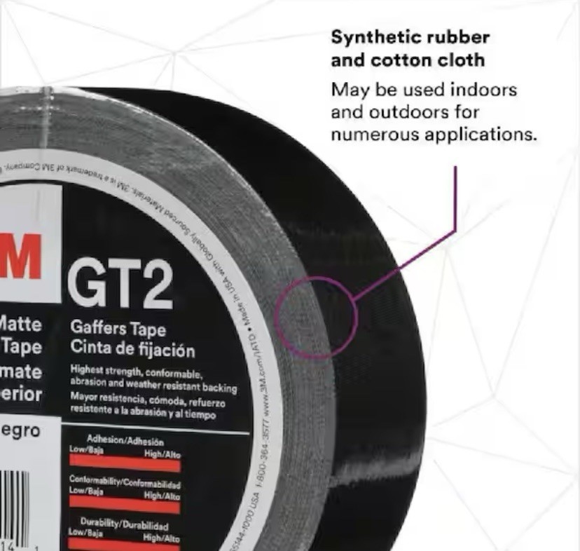 3M™ Premium Matte Cloth (Gaffers) Tape GT2 Black, 1.88″ IN x 54.6′ YD