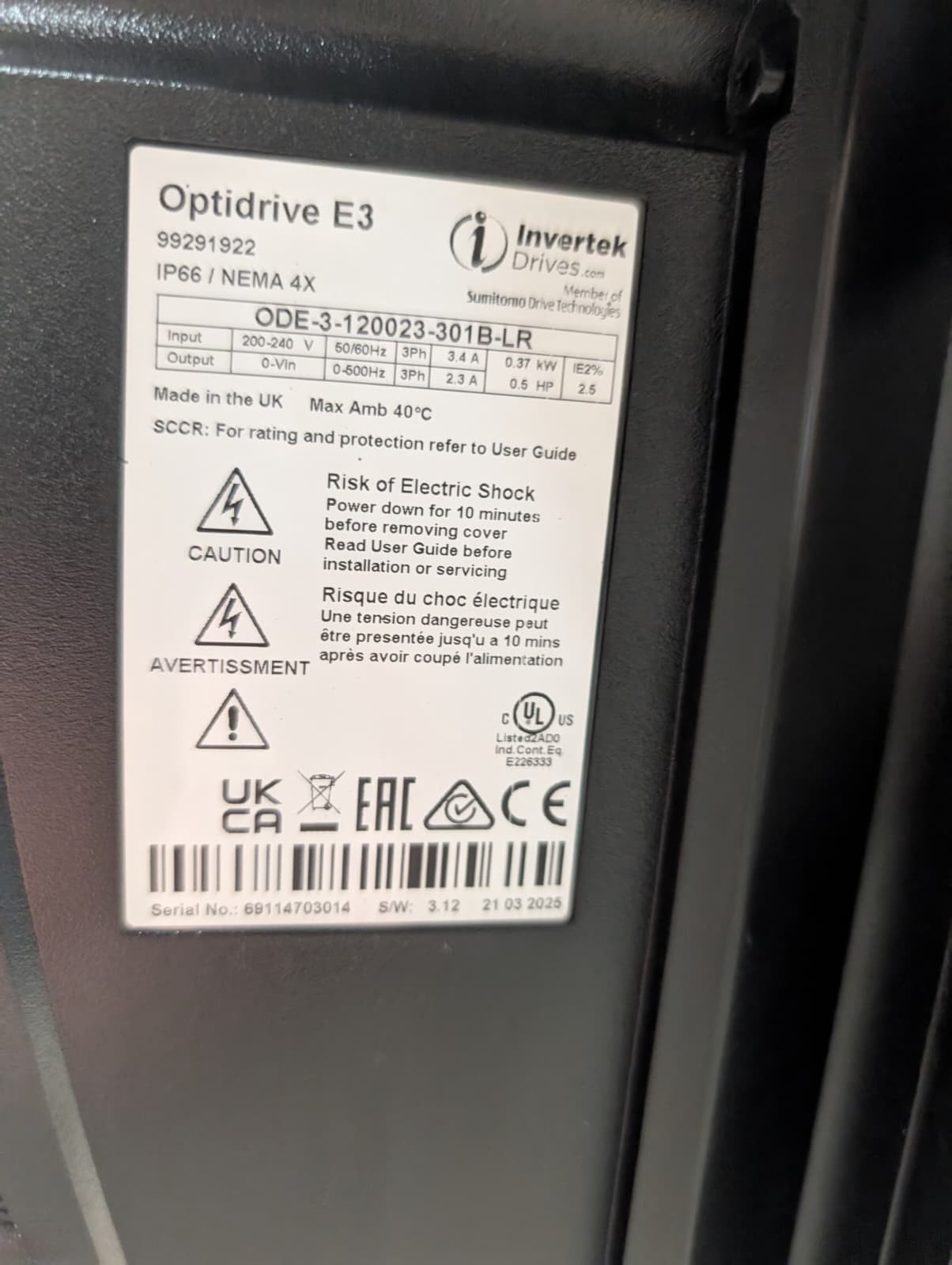 LNS Turbo HB Series 57019806 Chip Conveyer Optidrive E3 ODE-3-120023-301B-LR