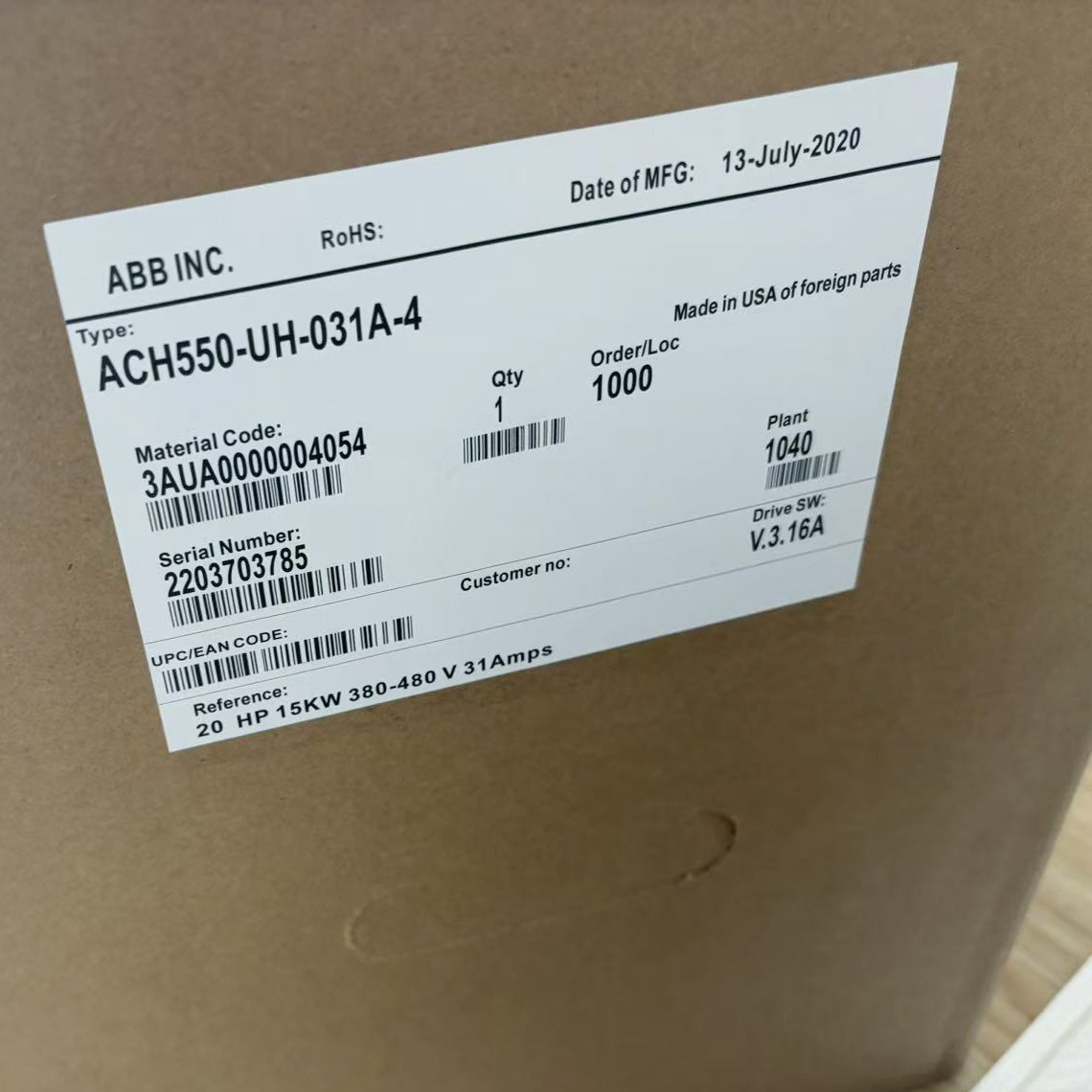 ABB ACH550-UH-031A-4 HVAC Drive Inverter 20HP 15KW 3-Phase 31A 3AUA0000004054