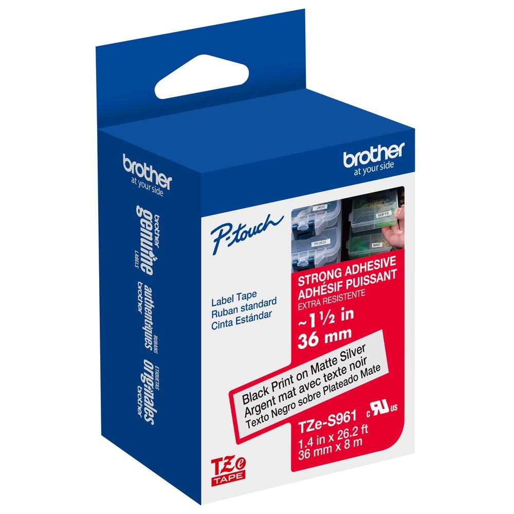 Genuine Brother TZe-S961 Strong Adhesive Black on Silver 36mm 1 1/2″ Label Tape