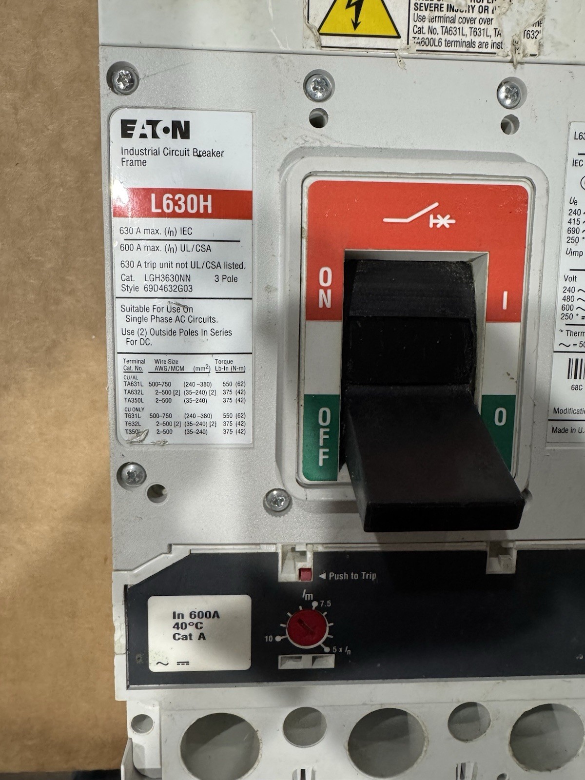 Eaton LGH3630NN 600Amp 600VAC 3-Pole Circuit Breaker Type L630H *Tested*