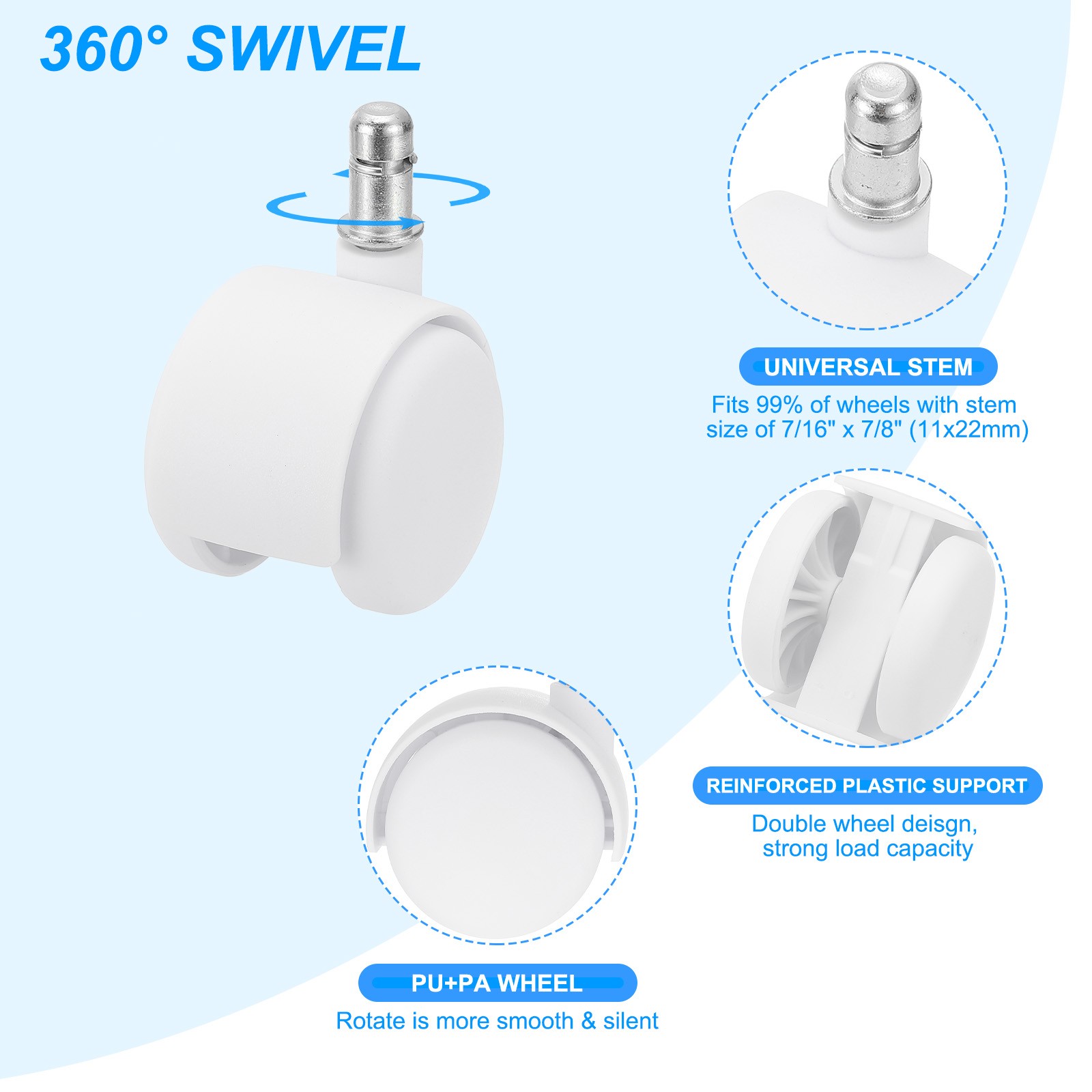 2 Inch Office Chair Wheels Smooth Quite Gaming Chair Rolling Caster White
