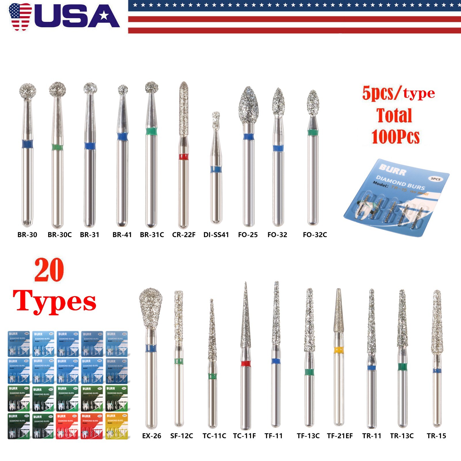 100Pcs Dental Diamond Burs High Speed Handpiece Friction Grip 20 Types