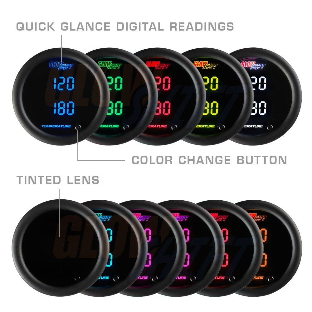 GlowShift 10 Color Digital Dual 300F Temperature Gauge Kit, 2-1/16″ 52mm