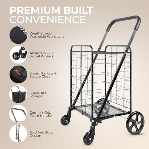 SereneLife Portable Folding Utility Cart with 360° Swivel Wheels (Black)