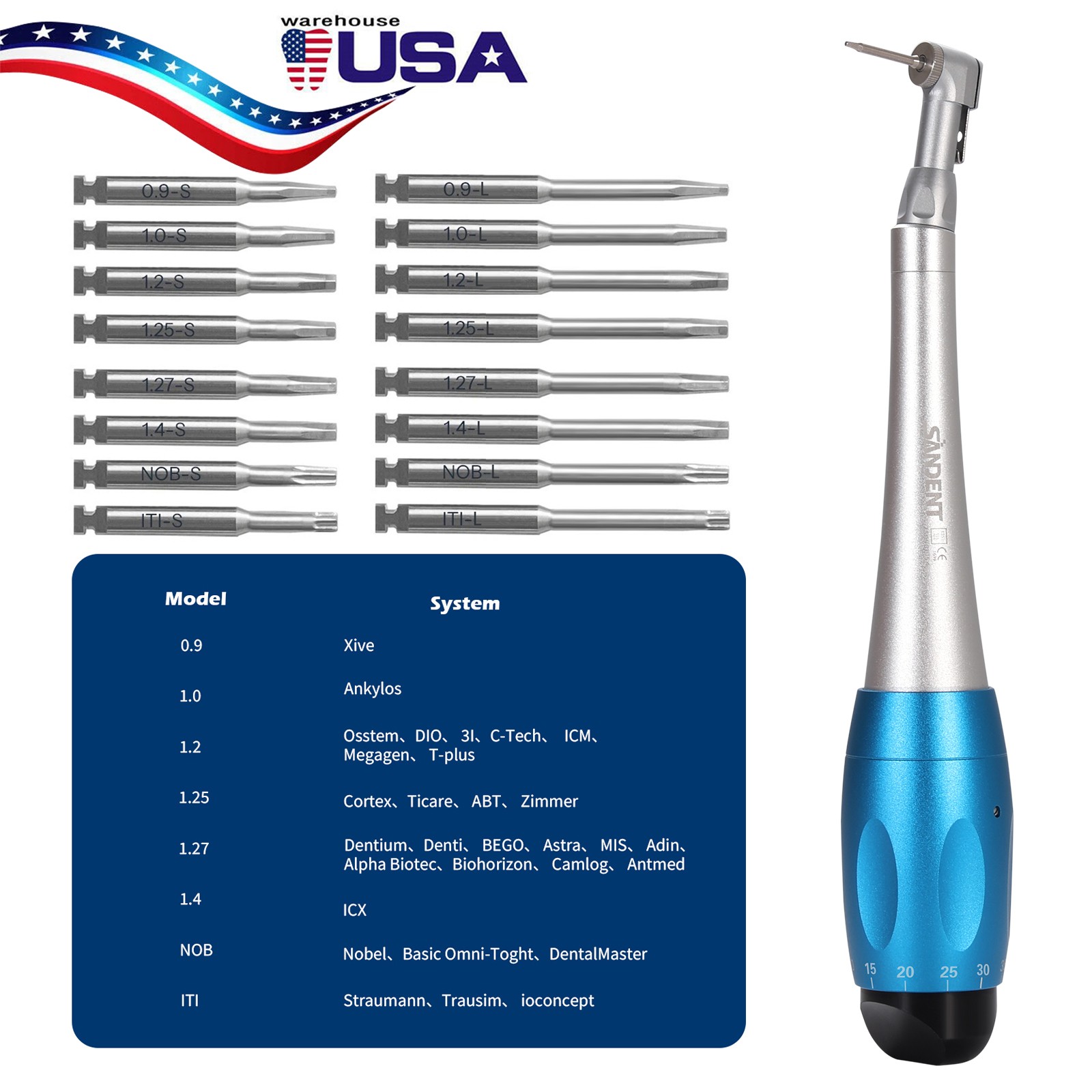 Dental Manual Implant Torque Wrench Handpiece with 16 Screw Drivers 2.35mm 2Head