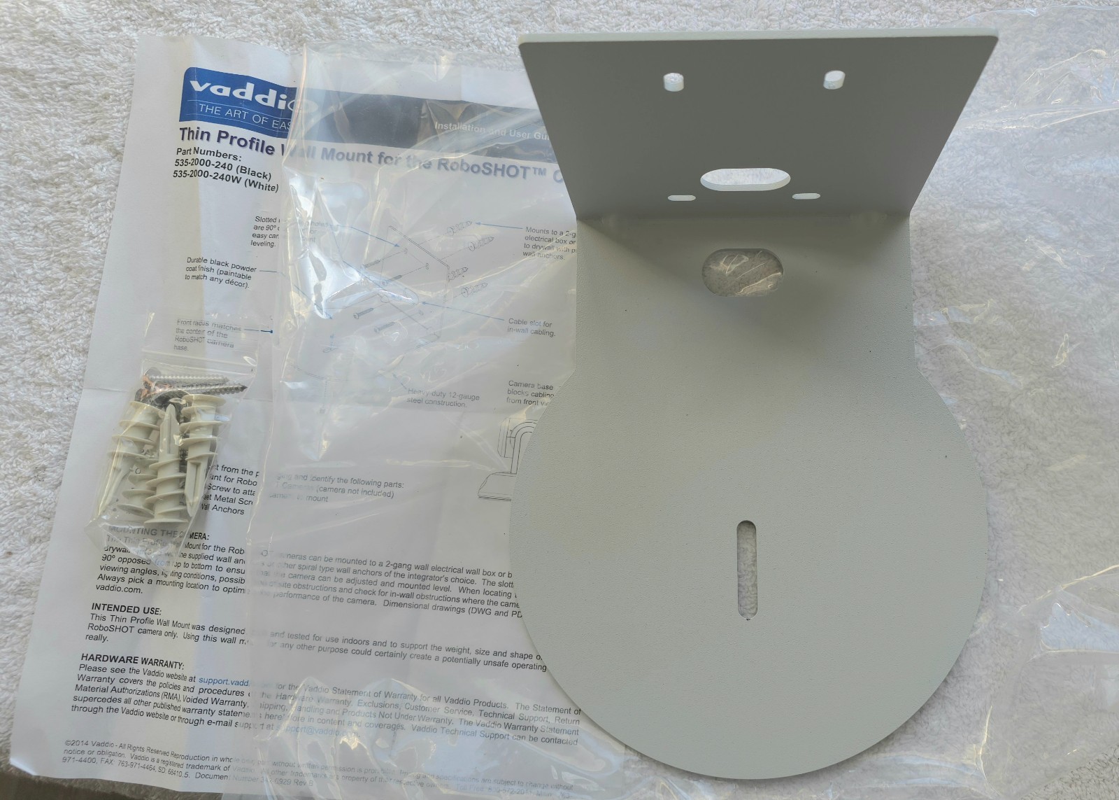 Vaddio Thin Profile Wall Mount for RoboSHOT PTZ /or small speaker. 535-2000-240W