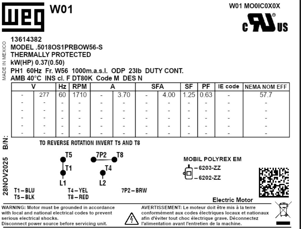 WEG ROLLED STEEL 0.5 HP 4P W56 1Ph 277 V 60 Hz IC01 – ODP – Foot-mounted