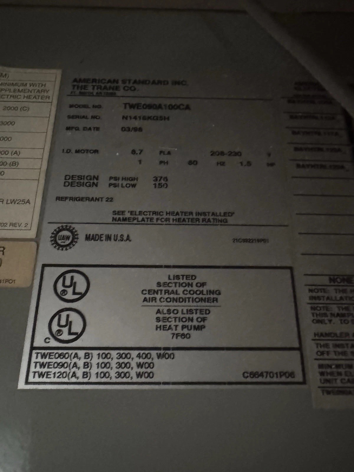 TRANE Used Central Air Conditioner Commercial Air Handler TWE090A100CA ACC-7442