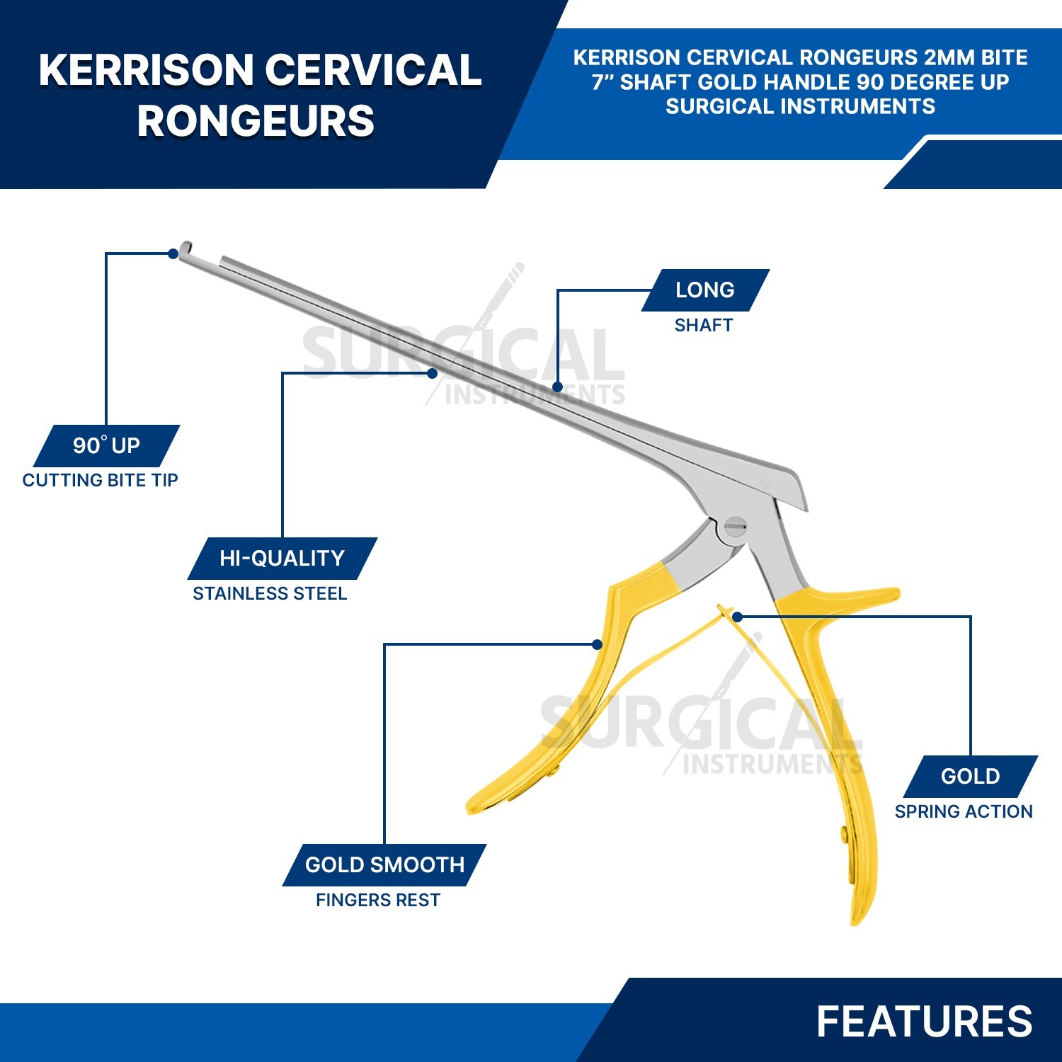 Kerrison Rongeur 7″ Shaft 2mm 90° Up Bite Gold Handle Stainless Steel German Gr