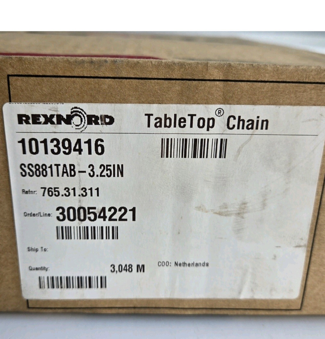 REXNORD TABLE TOP CHAIN 10139416. SS881TAB-3.25IN.10FT. STAINLESS STEEL.
