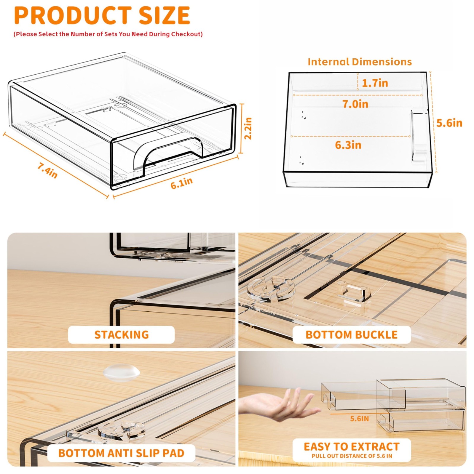8 Pack Acrylic Drawer Organizer, 2.2in Tall Stackable Clear Storage Bin Part
