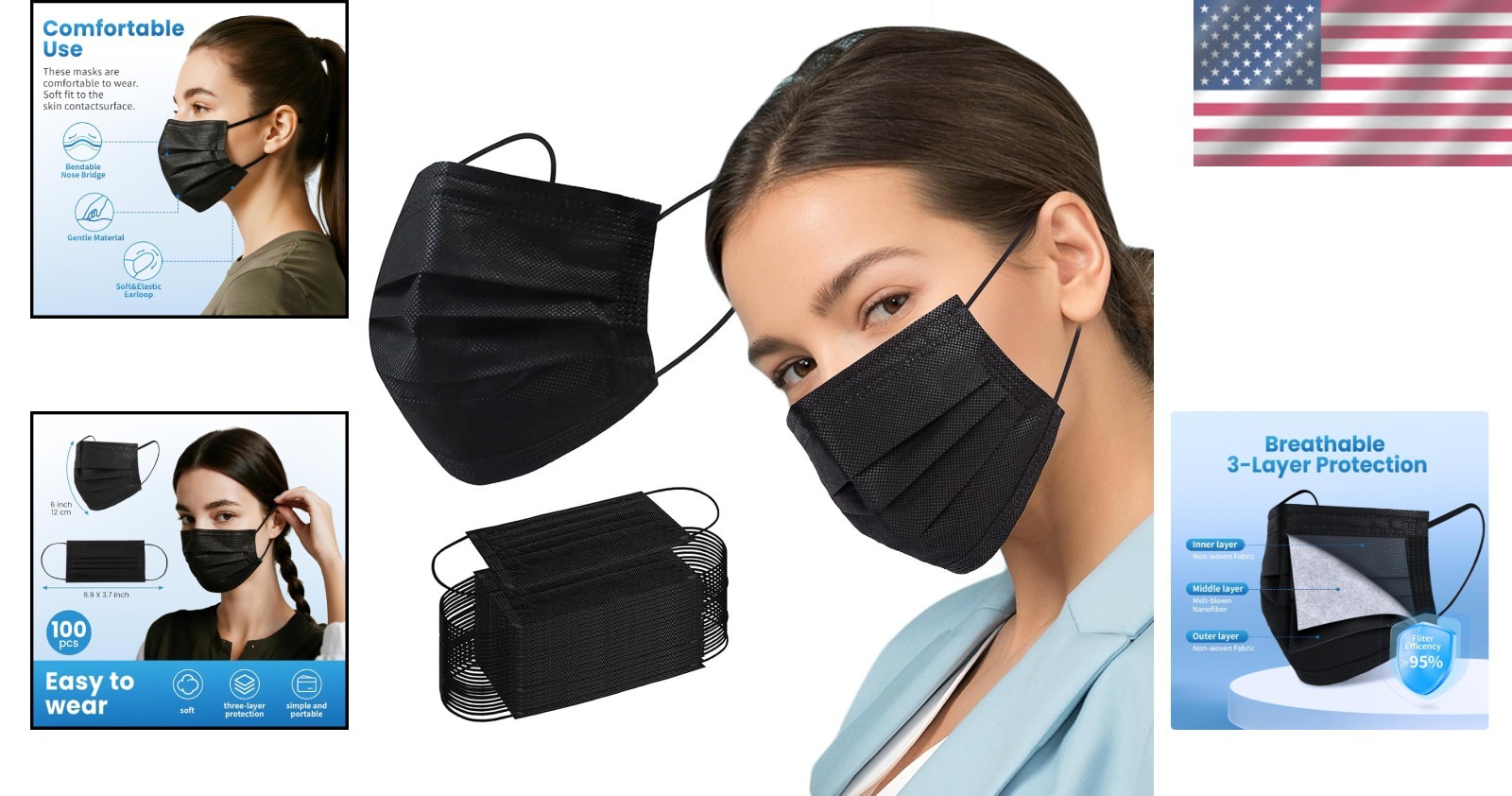 Disposable Face Mask 100 PCS Black 3 Ply