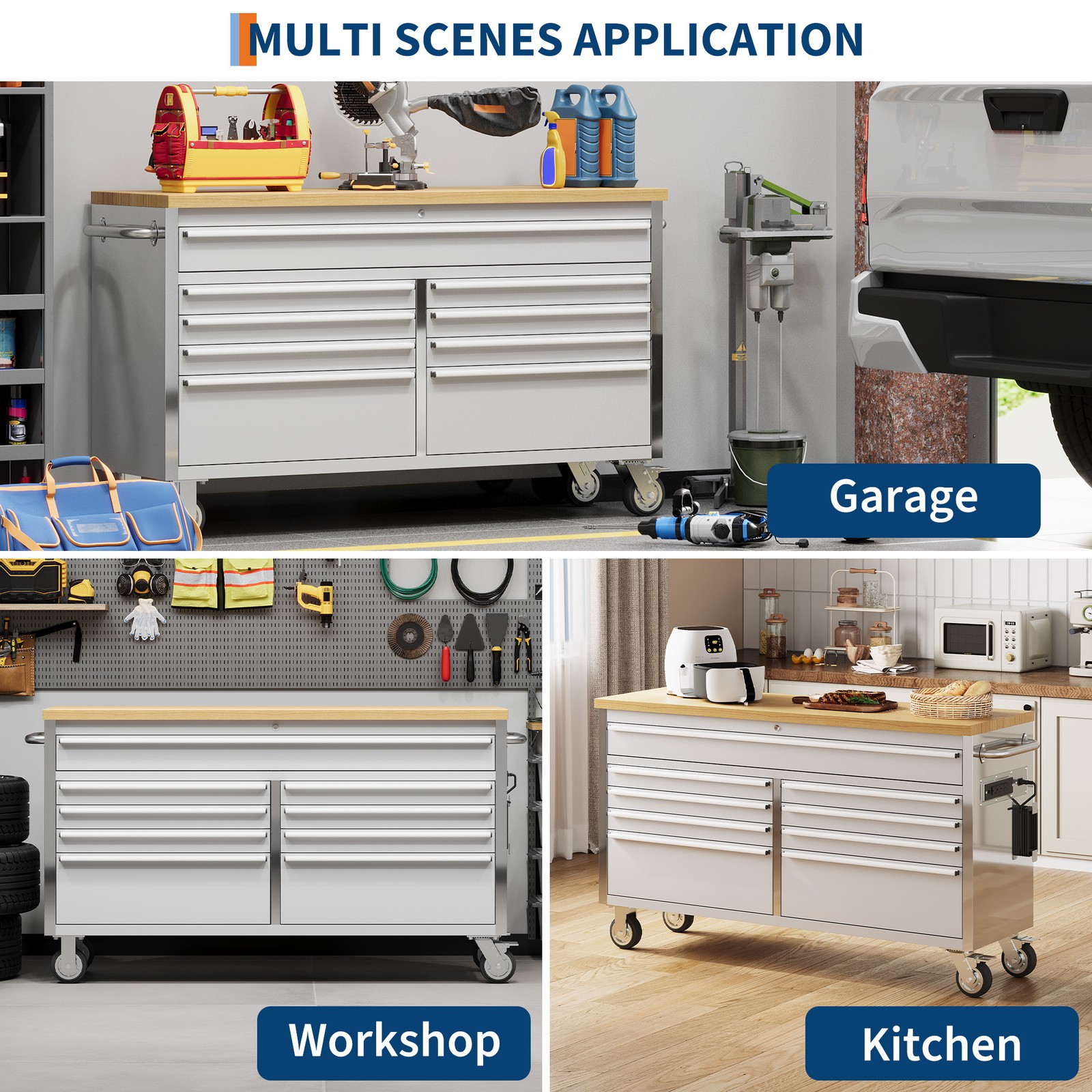 Garvee 61″ 15Drawer Rolling Tool Chest Locking Stainless Steel Cabinet W/ Liners