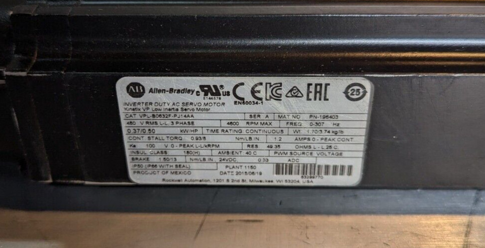 Allen Bradley VPL-B0632F-PJ14AA Kinetix VP Low Inertia Servo Motor