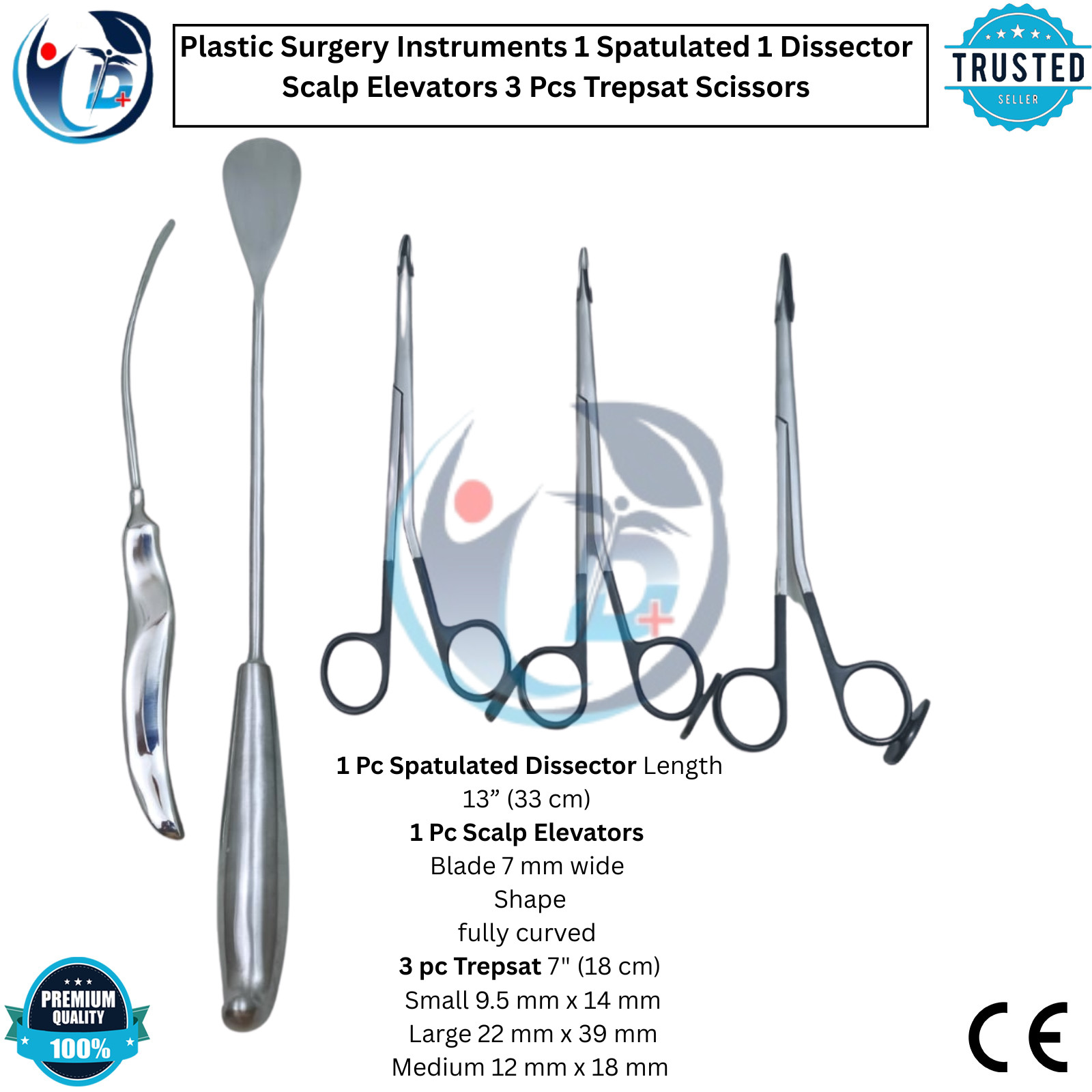 Plastic Surgery Custom Set Spatulated Dissector Scalp Elevator & Trepsat Scissor