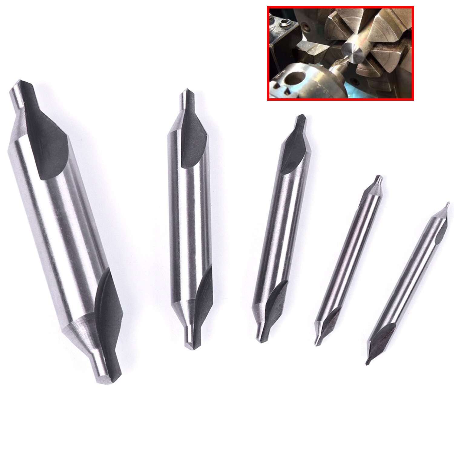 5-Piece HSS Center Drill Bits Set #1-#5, 60° Angle for Lathe & Metalworking