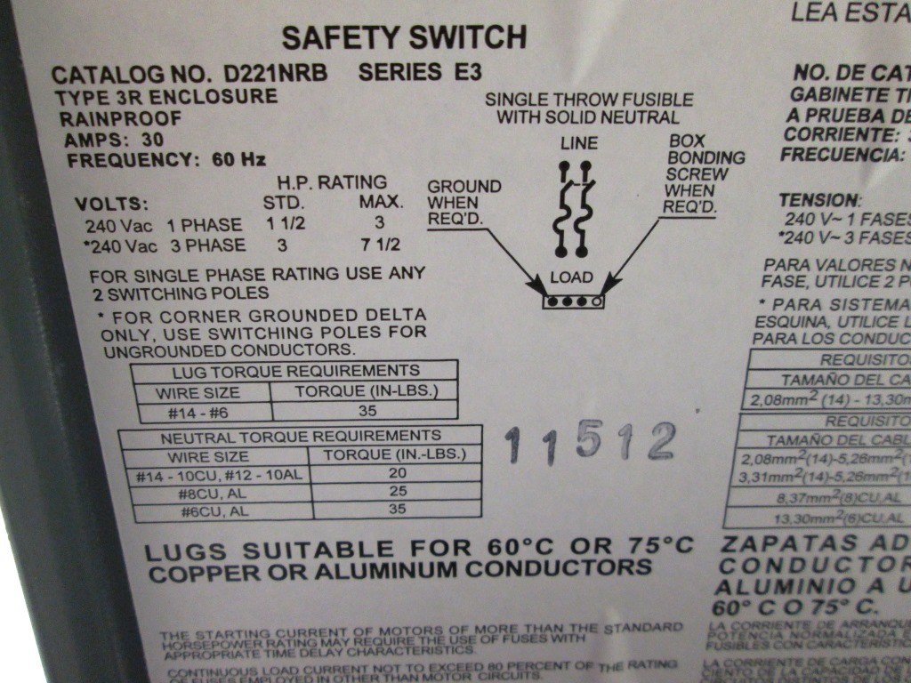 SQUARE D SAFETY Disconnect – SWITCH D221NRB SERIES E3 3R ENCLOSURE 30 AMP 60 HZ