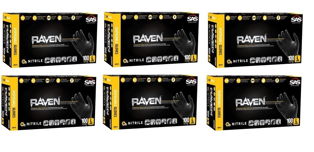 SAS 66518 RAVEN Black Nitrile Gloves Powder 100/BX L (6 Pack)