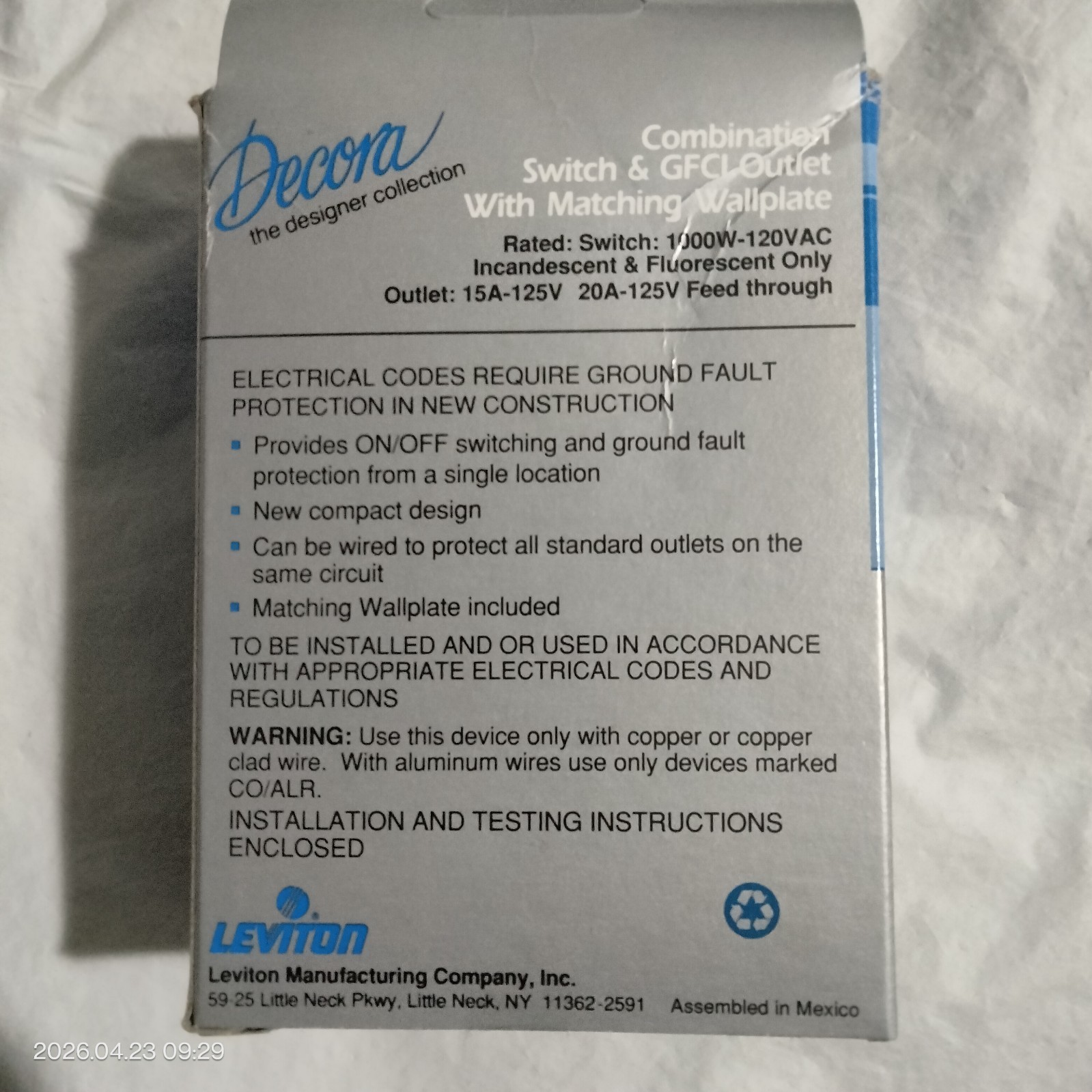 Lot of 4 Leviton 5299 Decora Combination Switch & GFCI Outlet 15A 125V NEW