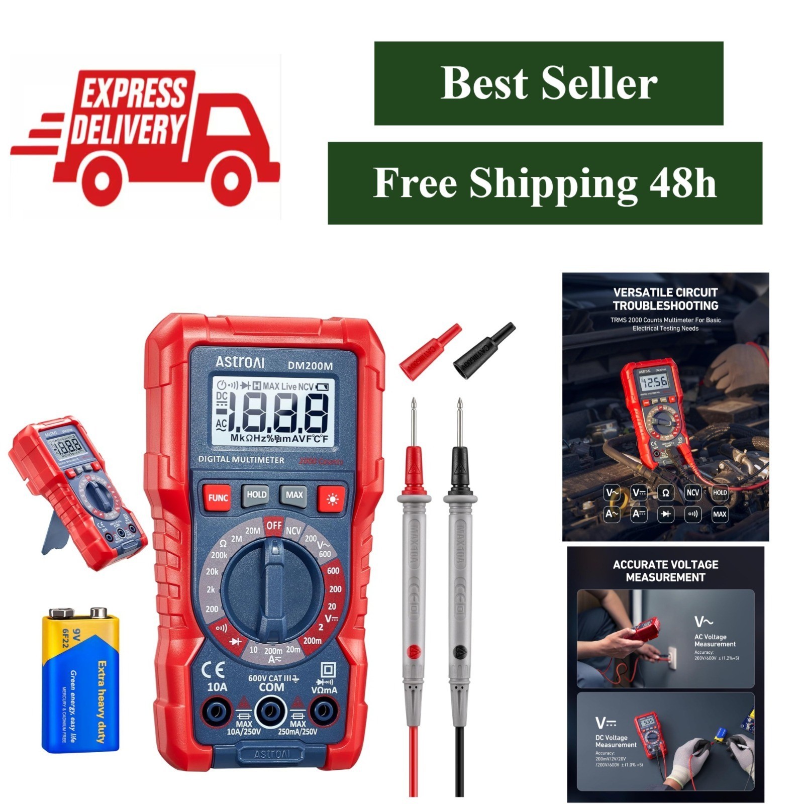 AstroAI DM200M Digital Multimeter AC/DC Voltage Tester, 2000 Counts
