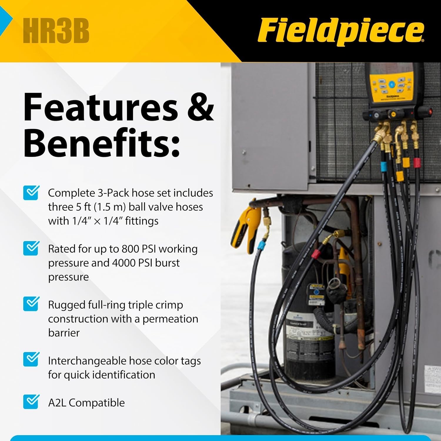 Fieldpiece HR3B – ¼” Ball Valve Hose Set – 5 ft Refrigerant Charging & Recovery