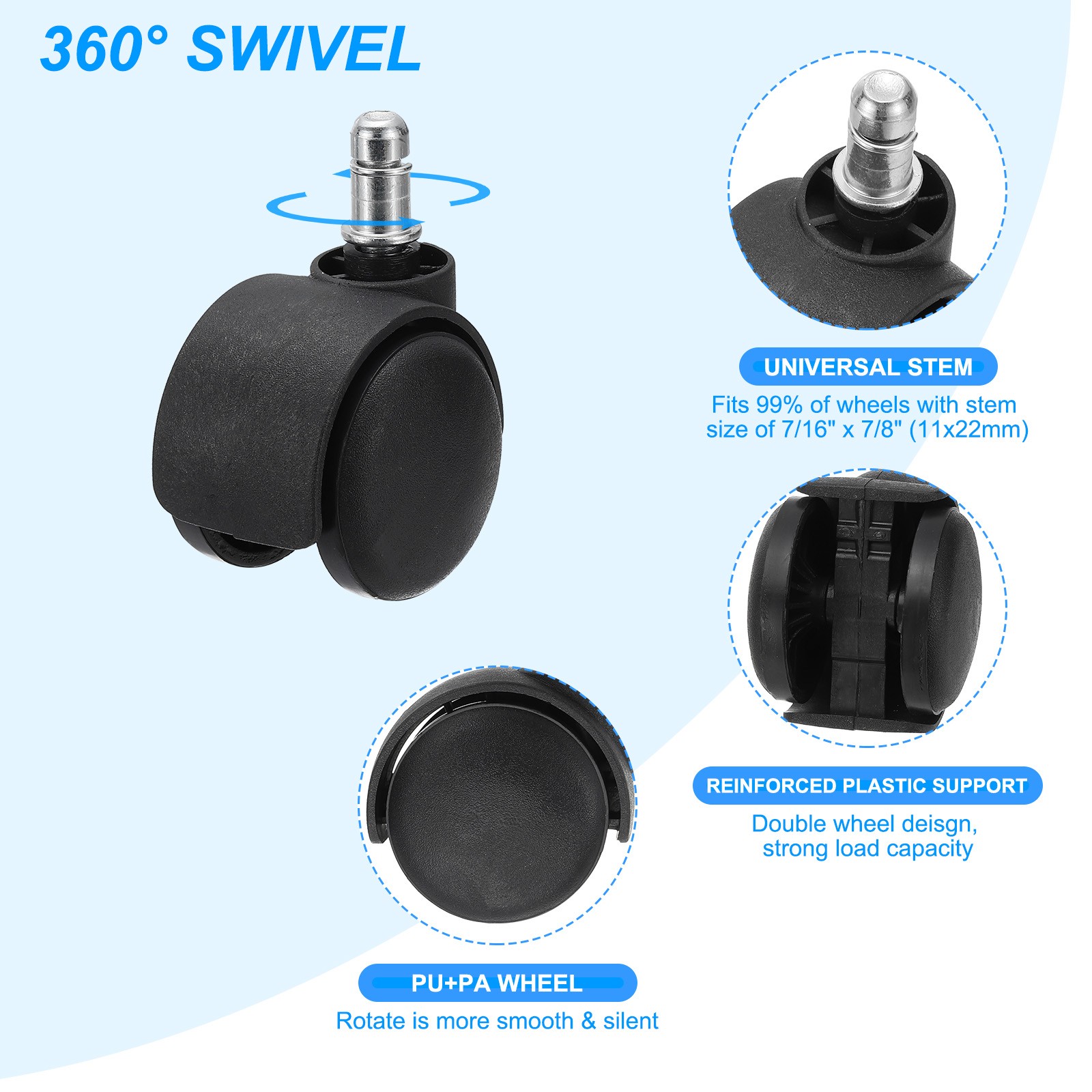 2 Inch Office Chair Wheels Smooth Quite Gaming Chair Rolling Caster Black